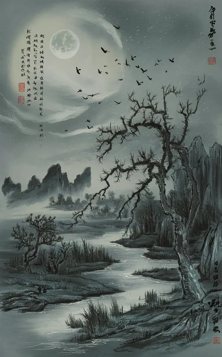 In the poem by Li Bai, "Heard Wang Changling Playing the Lute on his Journey to the Frontier" Yang flowers fall, cuckoos cry, Hearing that the dragon flag has passed the Five Streams. I send my worries with the bright moon, Drifting with the wind until I reach Yelang in the west. Written in the picture, and painted according to the mood of the poem.