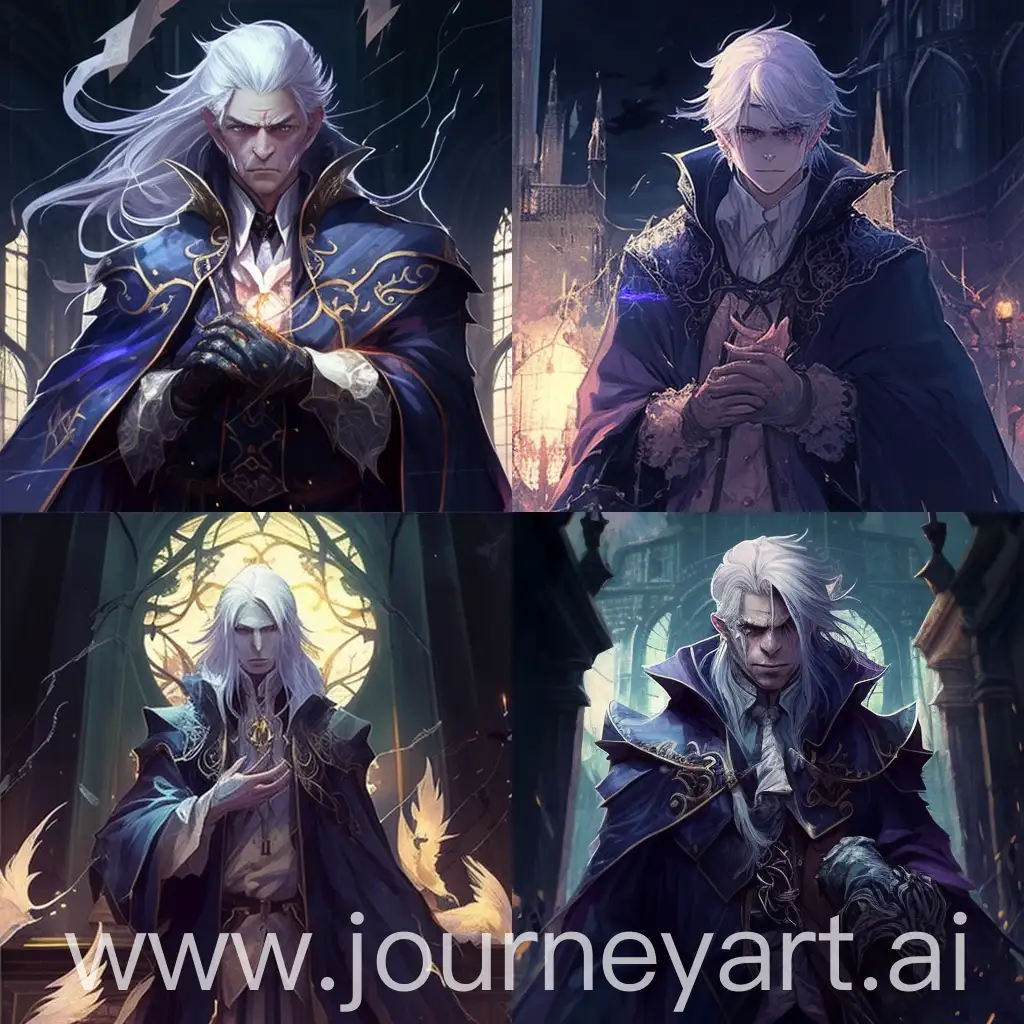 1man, solo, masculine face, wizard robes, fair skin, golden eyes, toned body, pointy nose, long white hair, standing with grimpire in hand and generating blue magic in his hand, detailed eyes, background: Abandoned Cathedral, detailed, evil smile, 20s, mature, handsome, old Cathedral and starting to crumble, Styles: anime art
