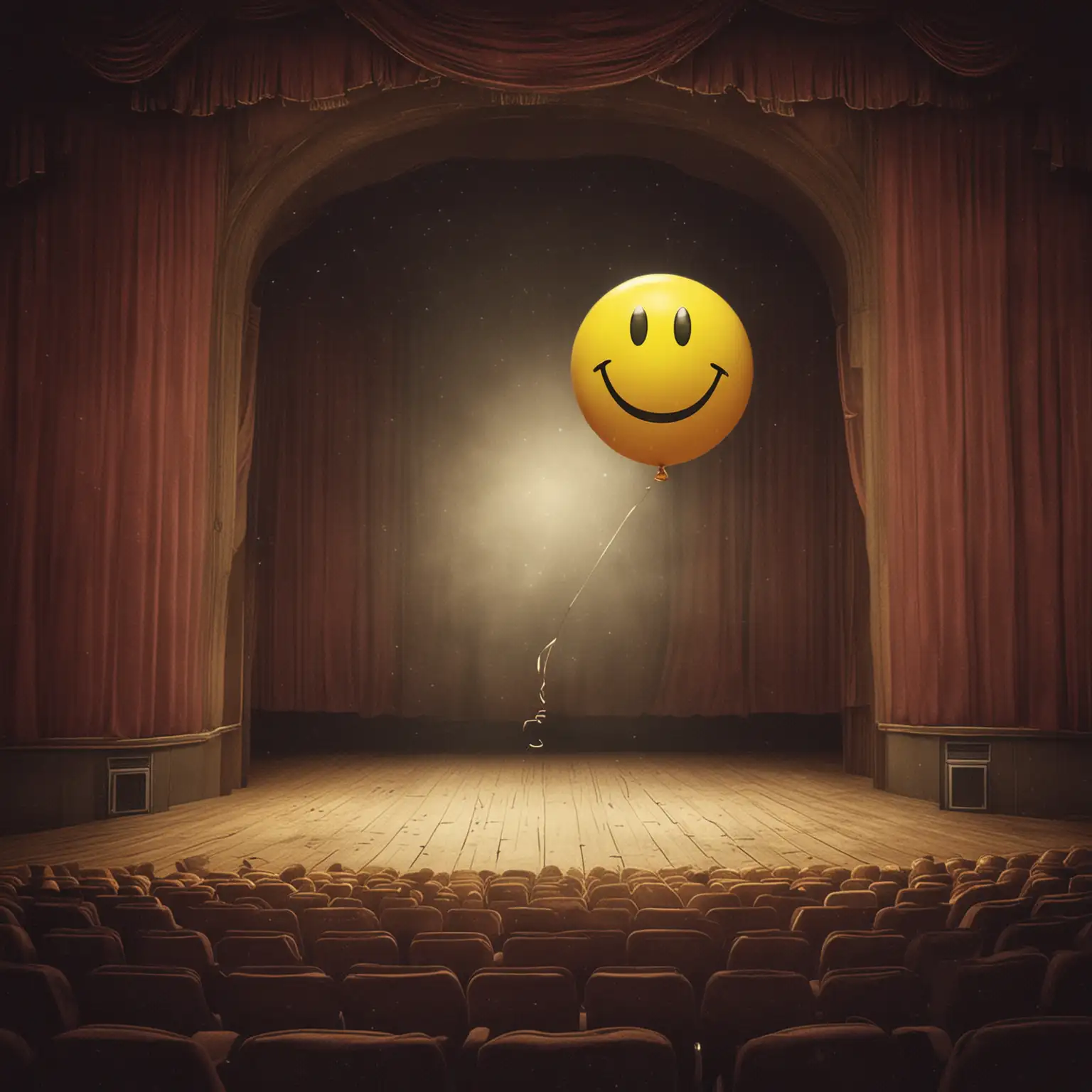 Create an album cover of a smiley faced balloon floating on a empty theater stage