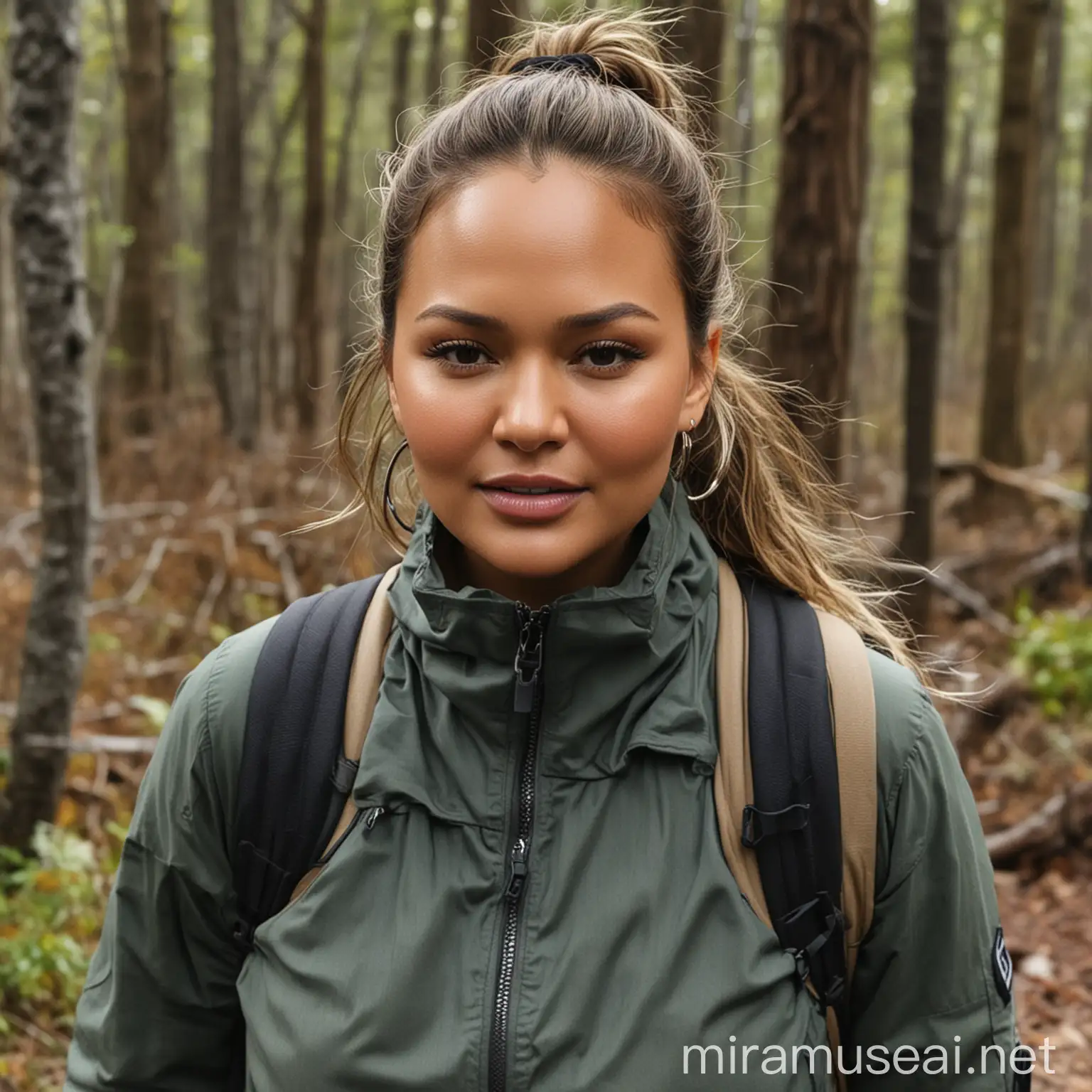Chrissy Teigen hiking in the woods, zoomed in from the waist up

