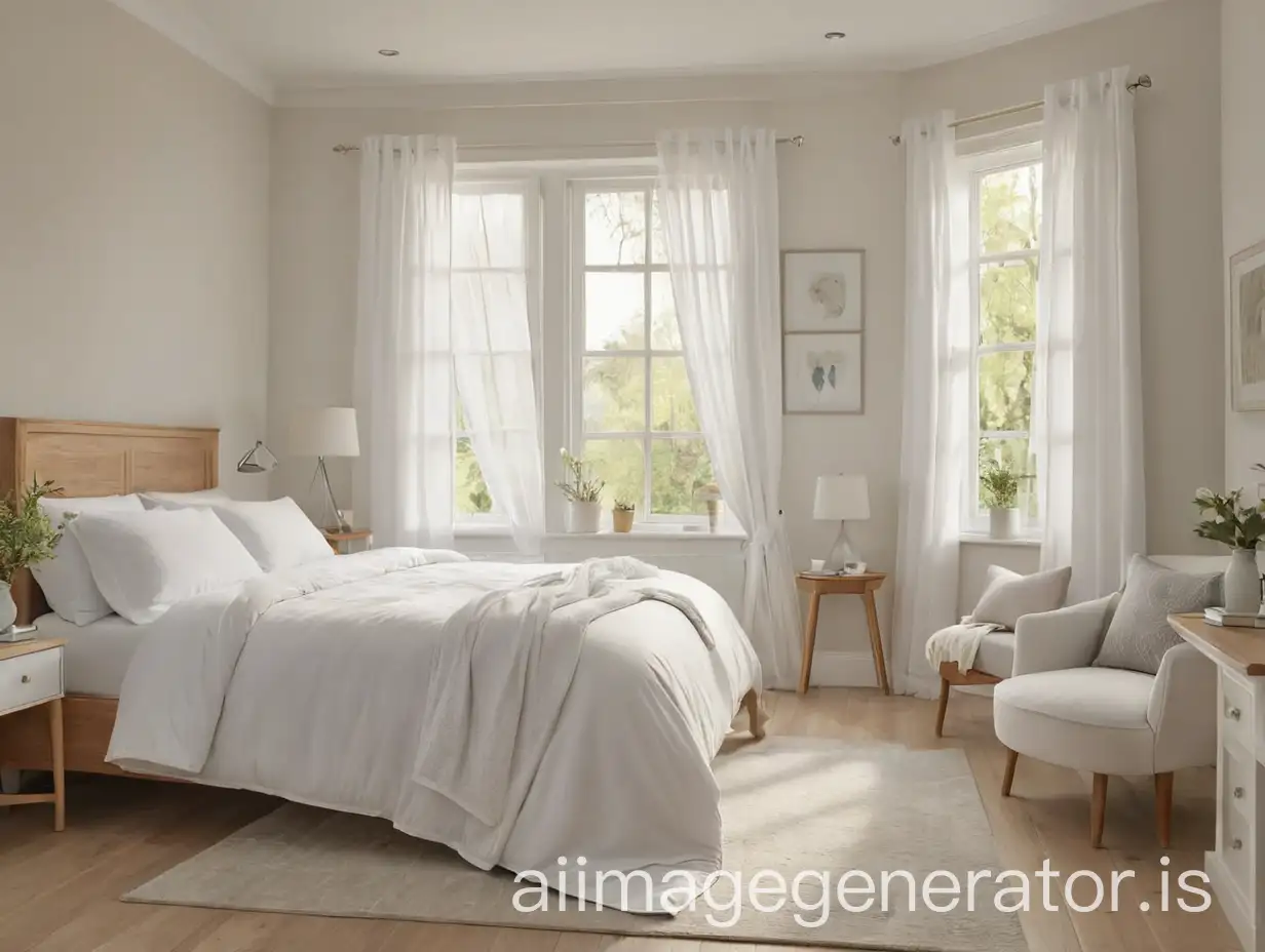 A bedroom with White blackout Eyelet curtains covering the windows, a wooden bed frame, and a White bedspread
