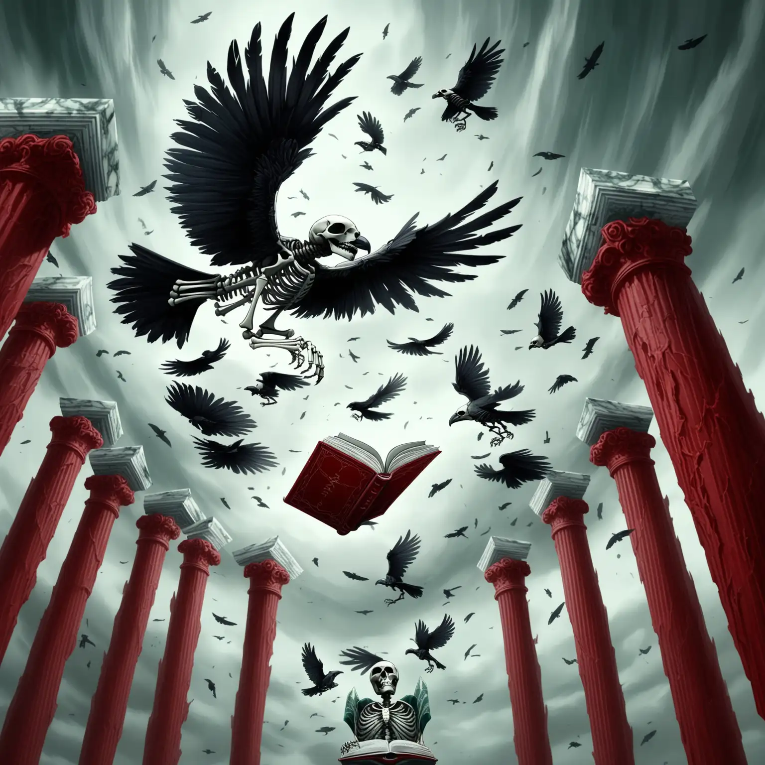Raven Skeleton Flying Above Marble Pillars in Red and Green Ambience