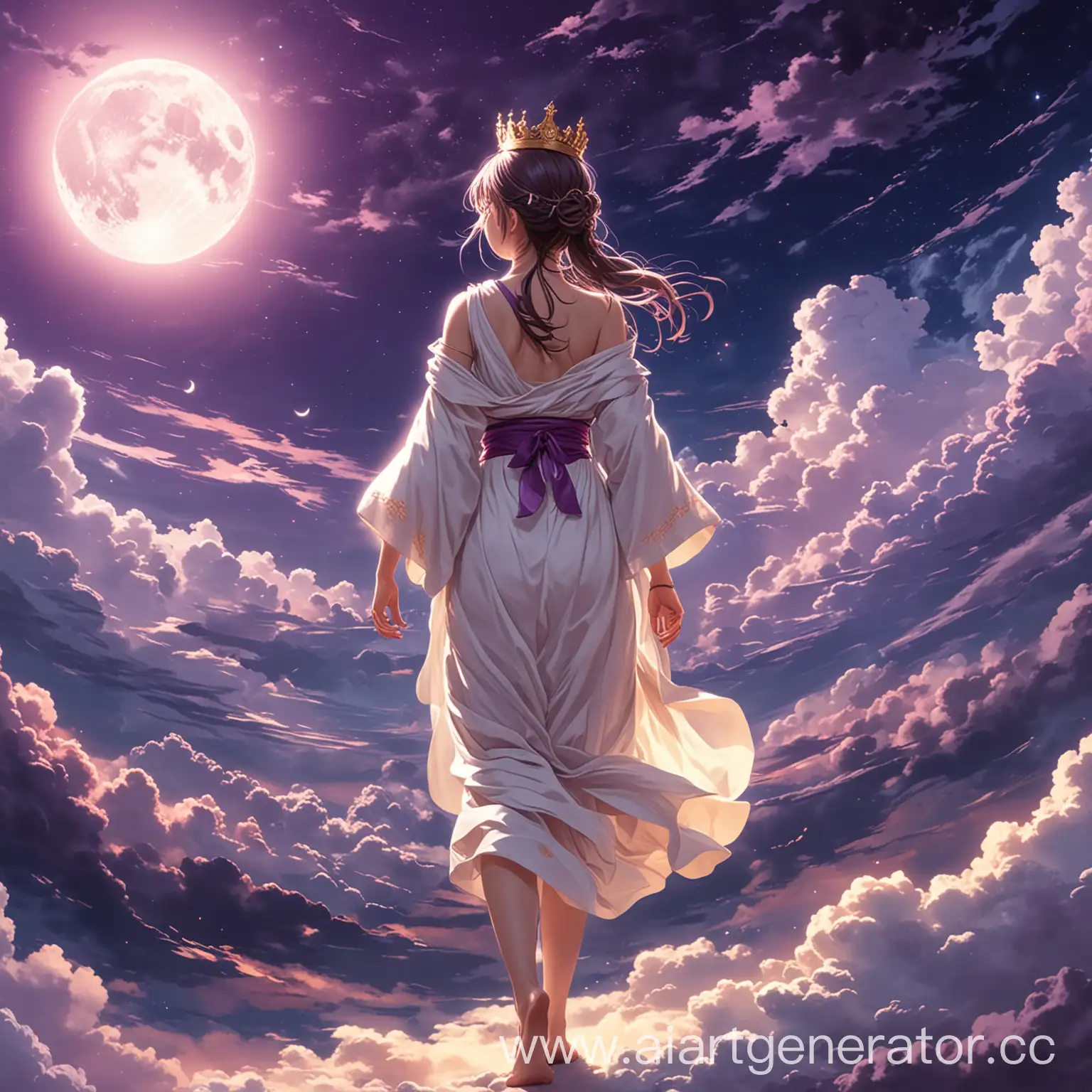 аниме девушка в белой тоге , с короной на голове идет по облакам к луне в фиолетовом небе