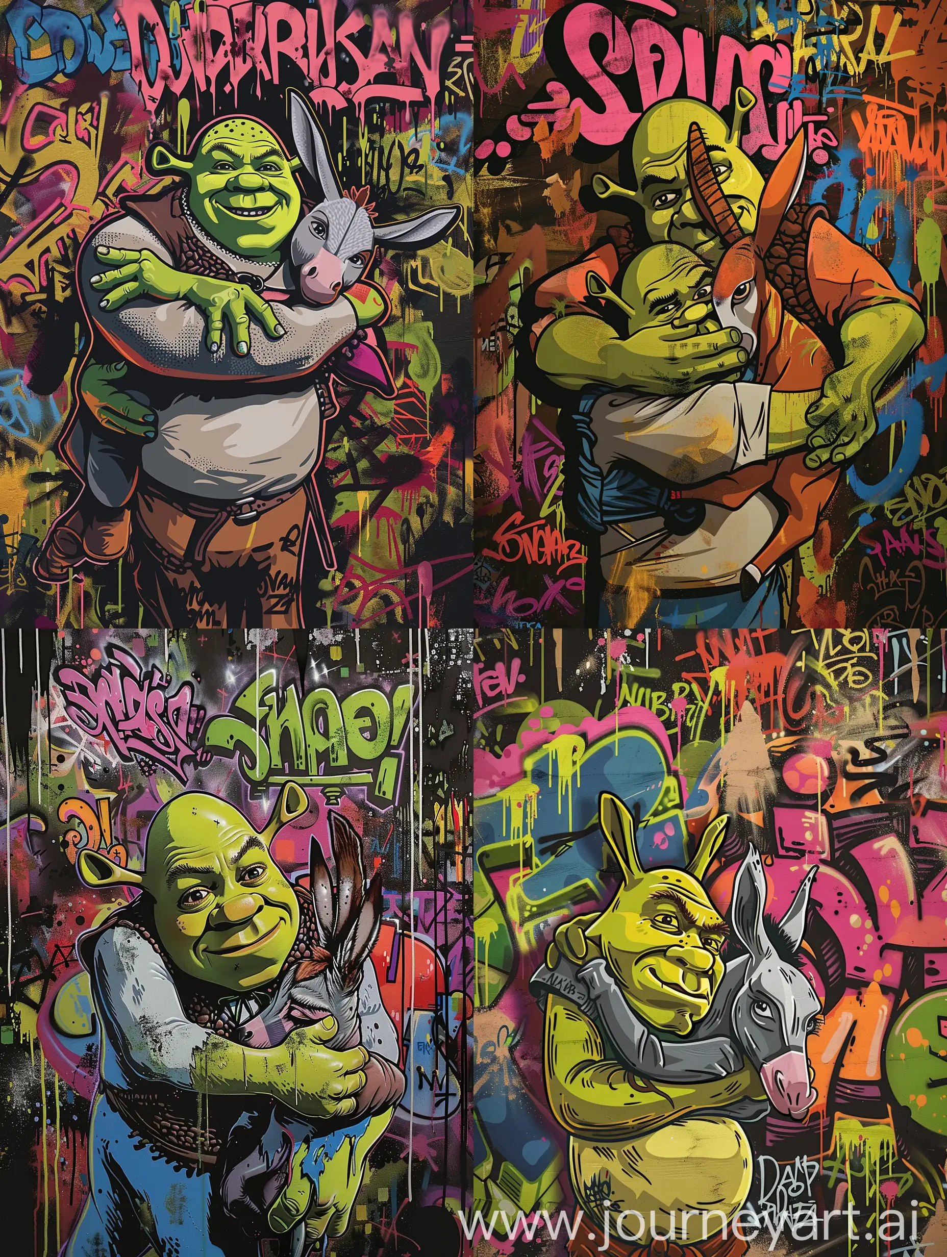 Vibrant-Urban-Graffiti-Illustration-Shrek-Embraces-Donkey-in-a-Swamp-Setting