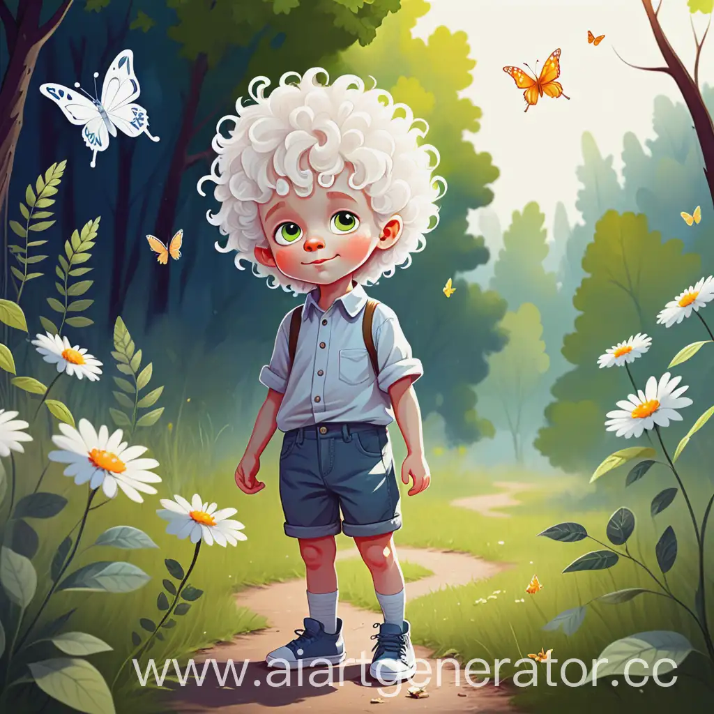 маленький мальчик с белыми кудрявыми волосами в полный рост на природе держит в руках бабочку простой яркий детский  рисунок для детской книги