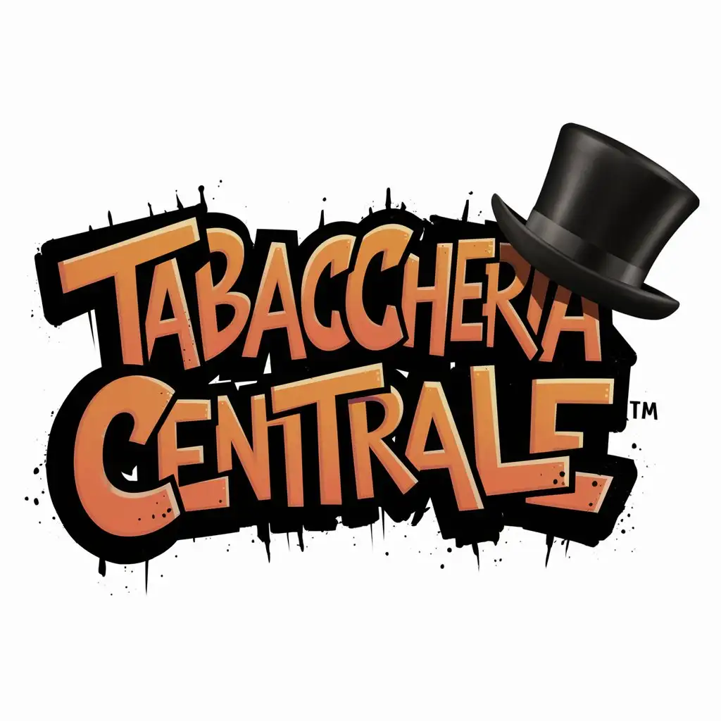 a circular logo. Graffiti art style text "Tabaccheria Centrale" with a black top hat on it in the right side. No background.