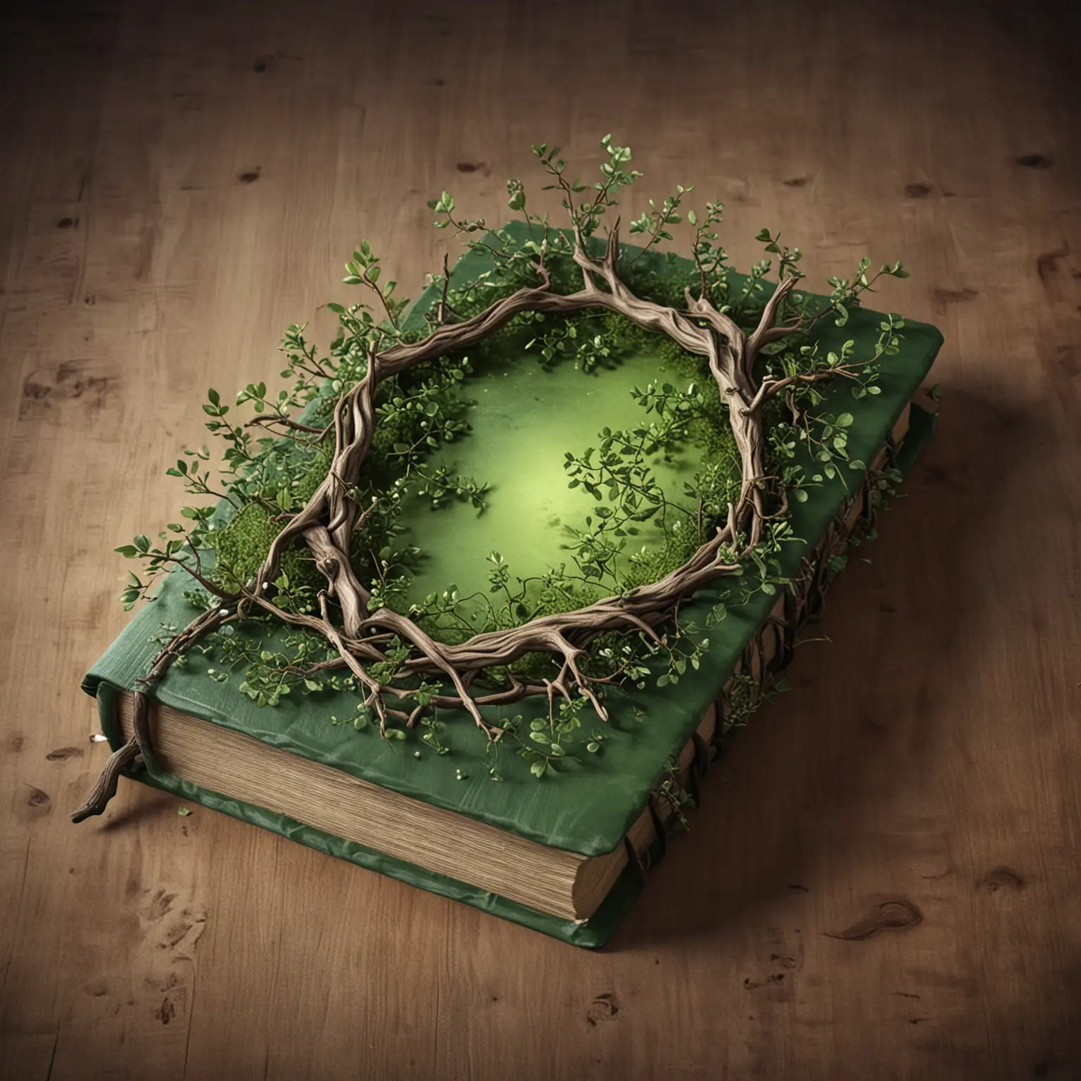 реалистичная магическая книга с деревянной-зеленой обложкой и веточками растущими с книги