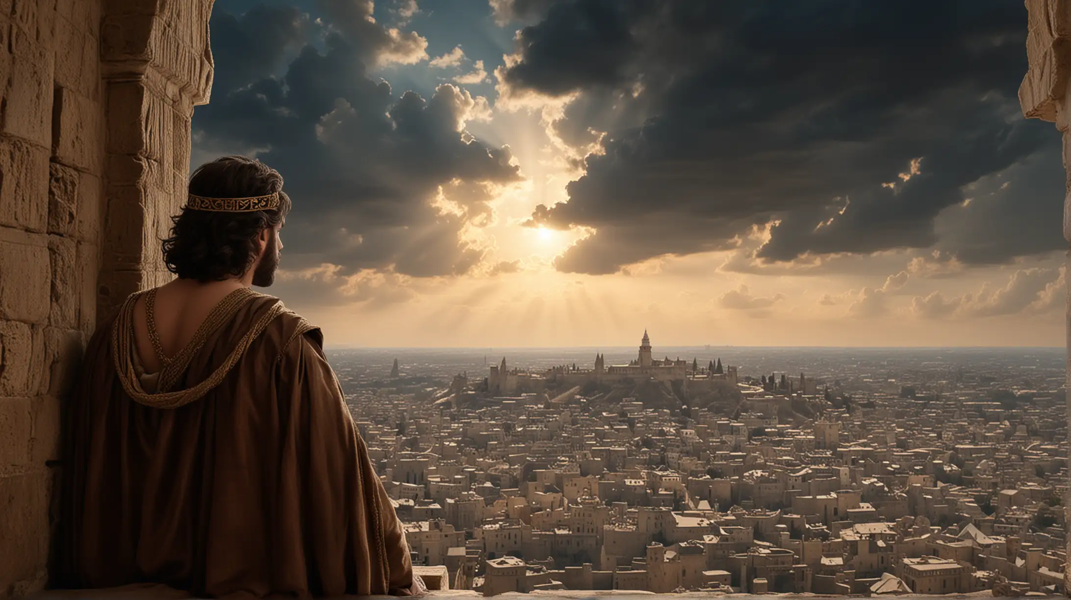 King Looking Over His Castle Towards a Jewish Temple under Magnificent Sky