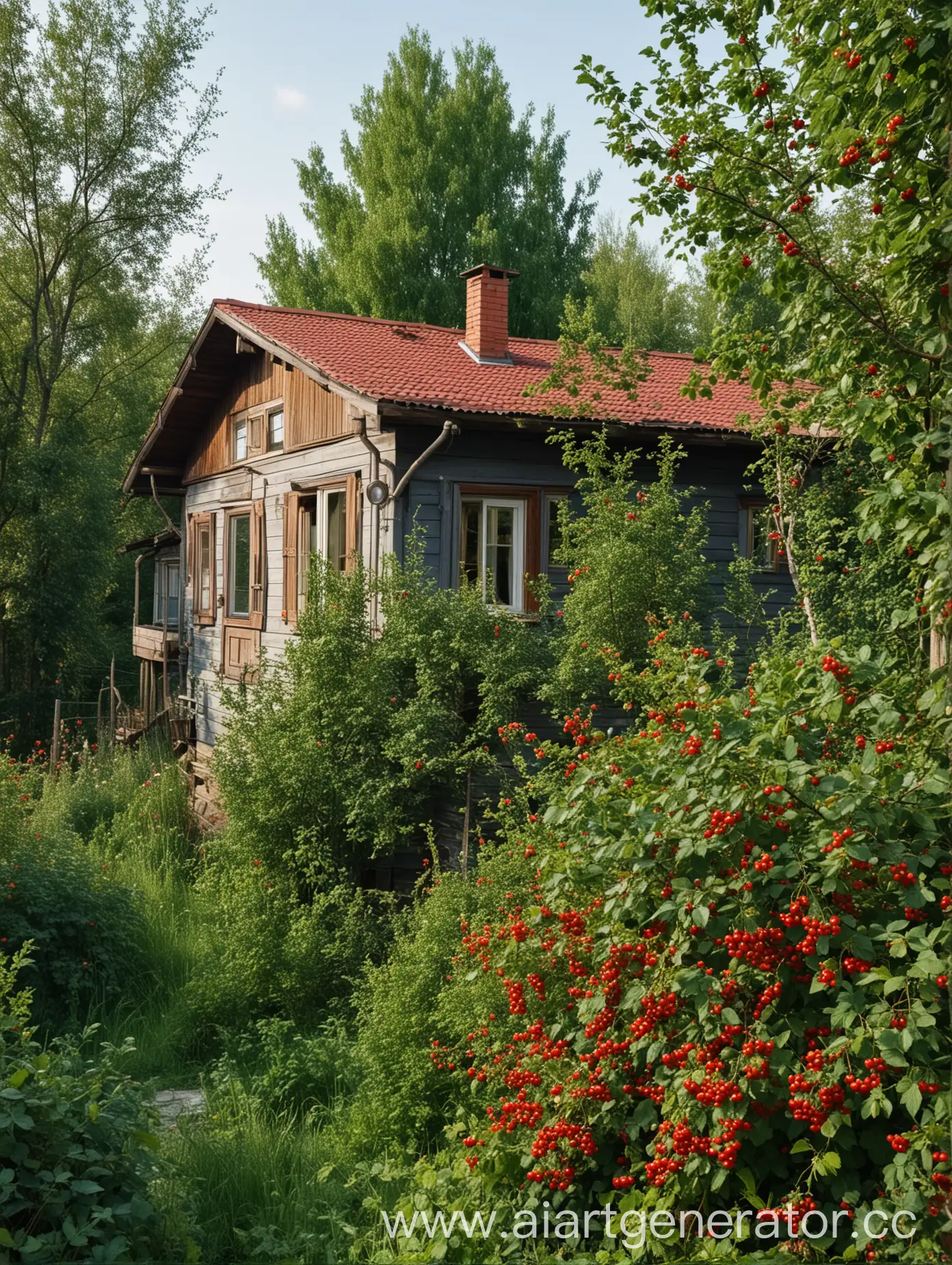 Rustic-Dacha-Scene-with-Berry-Bushes-and-Trees