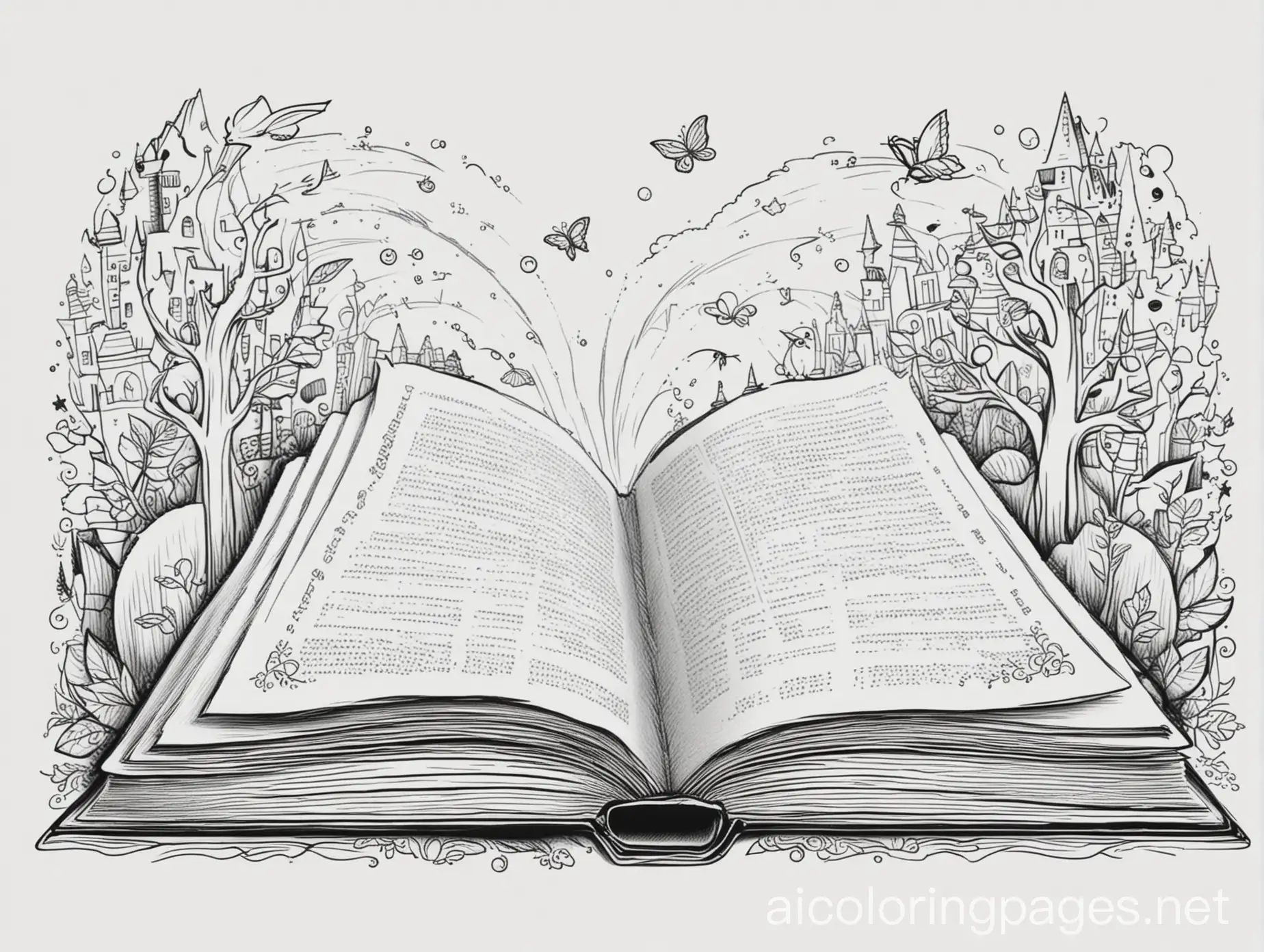 Magical books, Coloring Page, black and white, line art, white background, Simplicity, Ample White Space. The background of the coloring page is plain white to make it easy for young children to color within the lines. The outlines of all the subjects are easy to distinguish, making it simple for kids to color without too much difficulty
