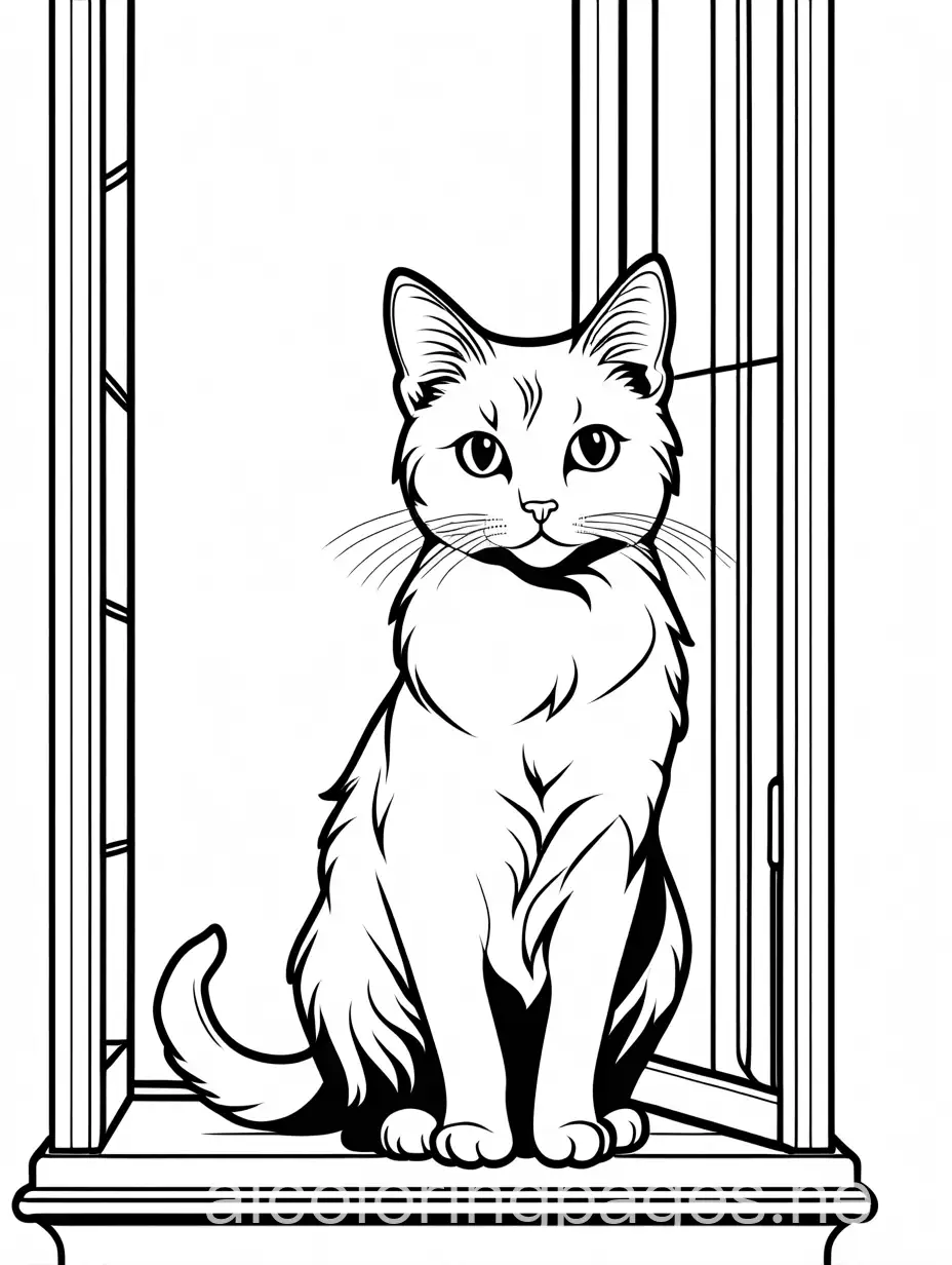 Cute cat sitting in a window, Coloring Page, black and white, line art, white background, Simplicity, Ample White Space