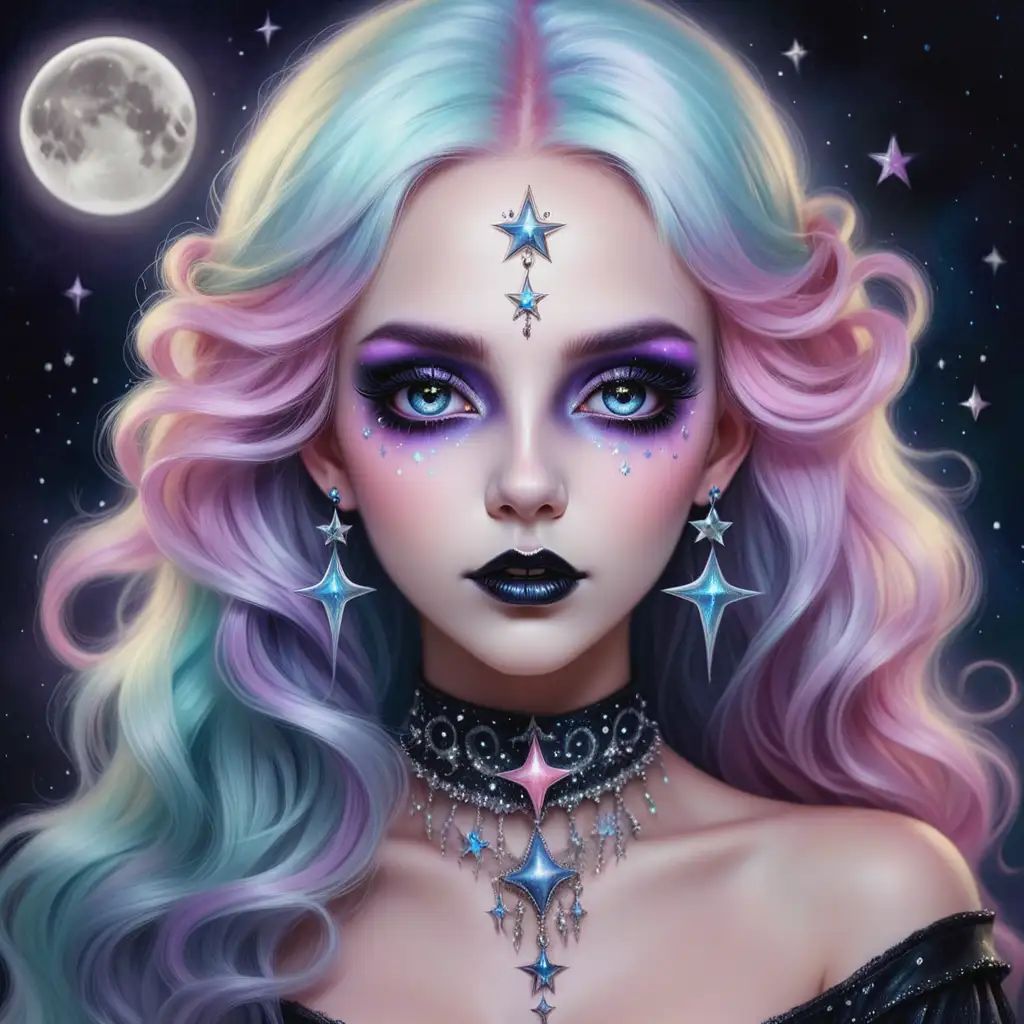 Portrait
Pastell-Prinzessin der Nacht: Ein Porträt einer Frau mit pastellfarbenen, schimmernden Haaren, die mit einem geheimnisvollen, düsteren Make-up geschminkt ist, das ihre mystische Anziehungskraft unterstreicht. Sie trägt filigranen, pastellfarbenen Schmuck mit Mond- und Sternenmotiven, der ihre magische Erscheinung betont.