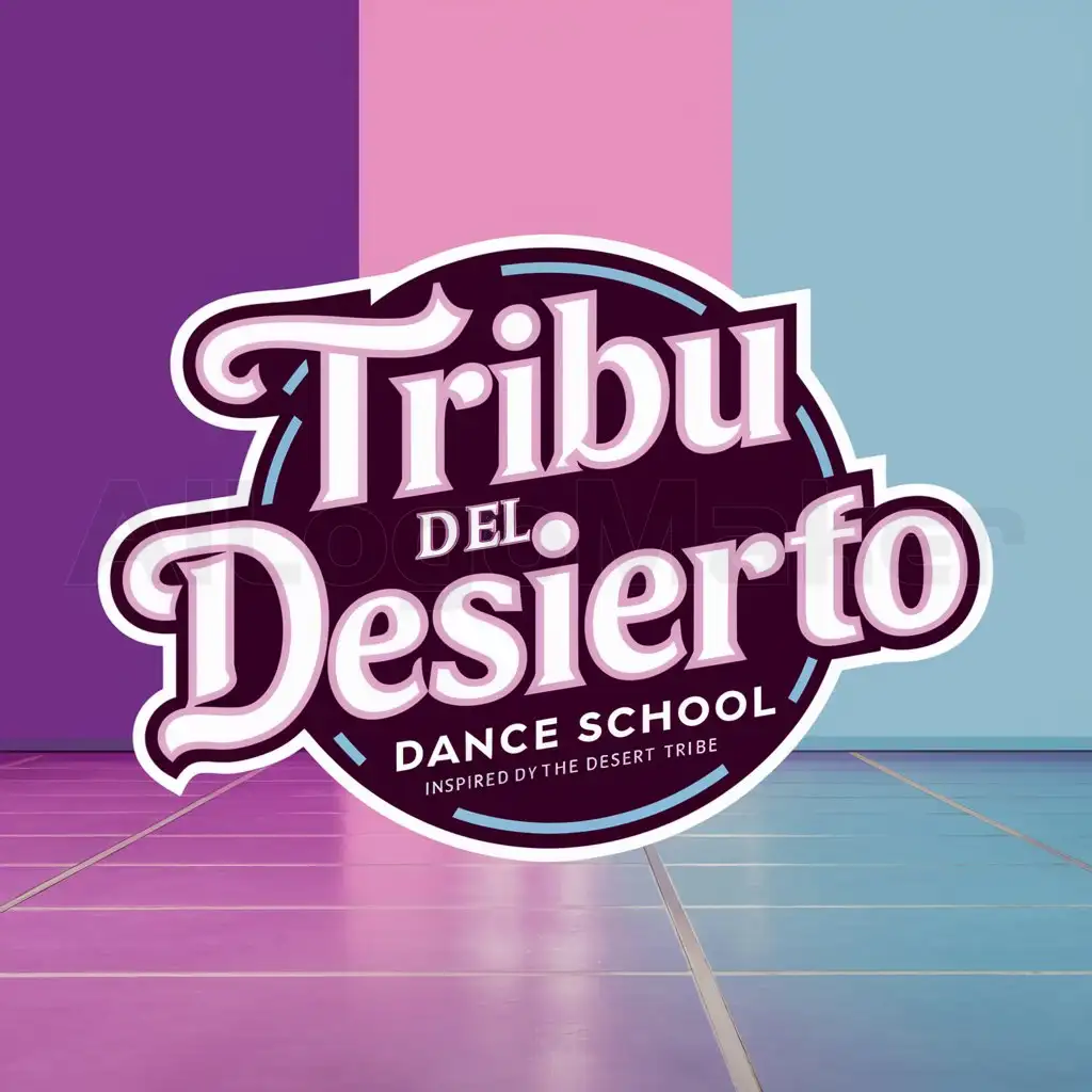 a logo design,with the text "Tribu del Desierto", main symbol:Creating a logotype with the name desert tribe, do not guide by the name, this is a dance school. Use purple, pink, light blue and white colors to create the logo. It should have a dance floor in the background, but make one with a somewhat thicker typography made of neon,Moderate,be used in 0 industry,clear background