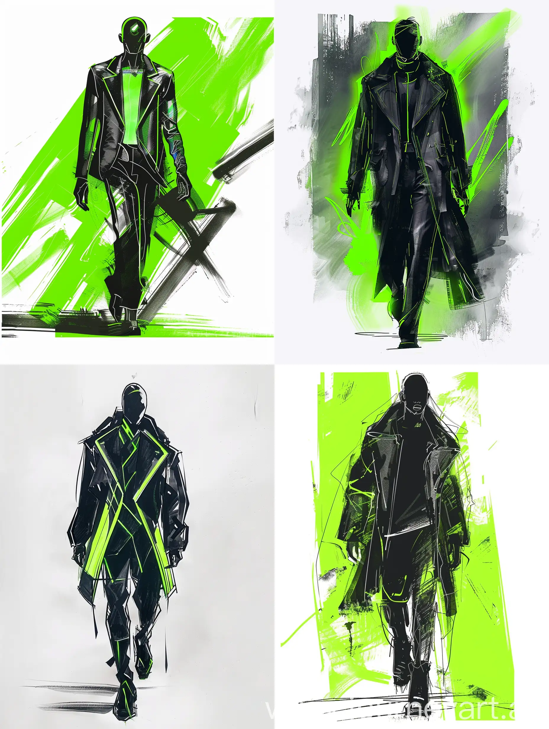 Futuristic-Male-Black-and-Green-Neon-Fashion-Runway-Sketches-Minimalist-Illustration