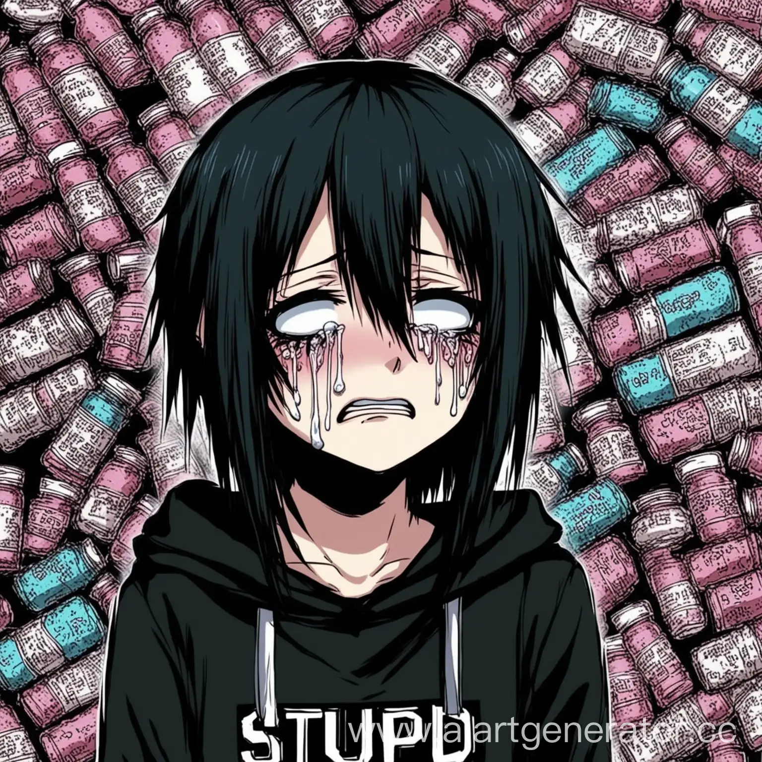 Stupid emo anime girl cry and drugs
