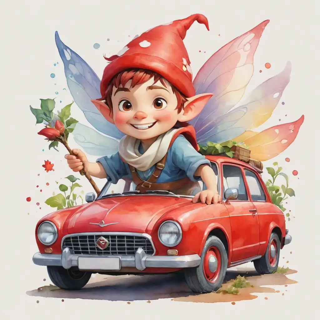akvarel ilustrace, jedná se o auto v podobě pohádkové kouzelné postavě, kluk skřítek, veselá a roztomilá, barva červená, bílé pozadí
