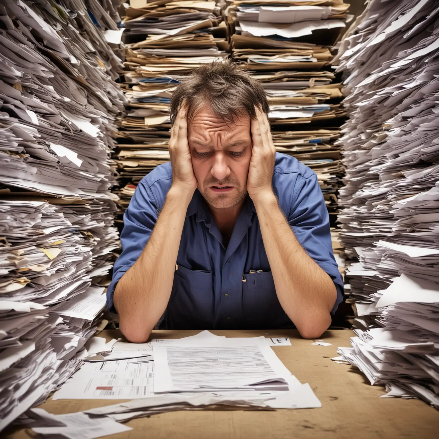 create a picture of  a stressed out over worked tradie who is buried in paperwork.