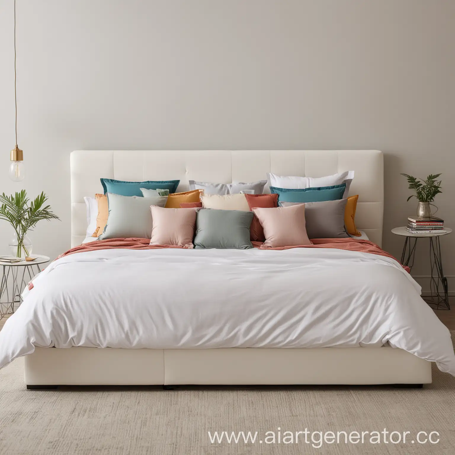 кровать белого цвета с 4 разноцветными подушками  стоящая в комнате
