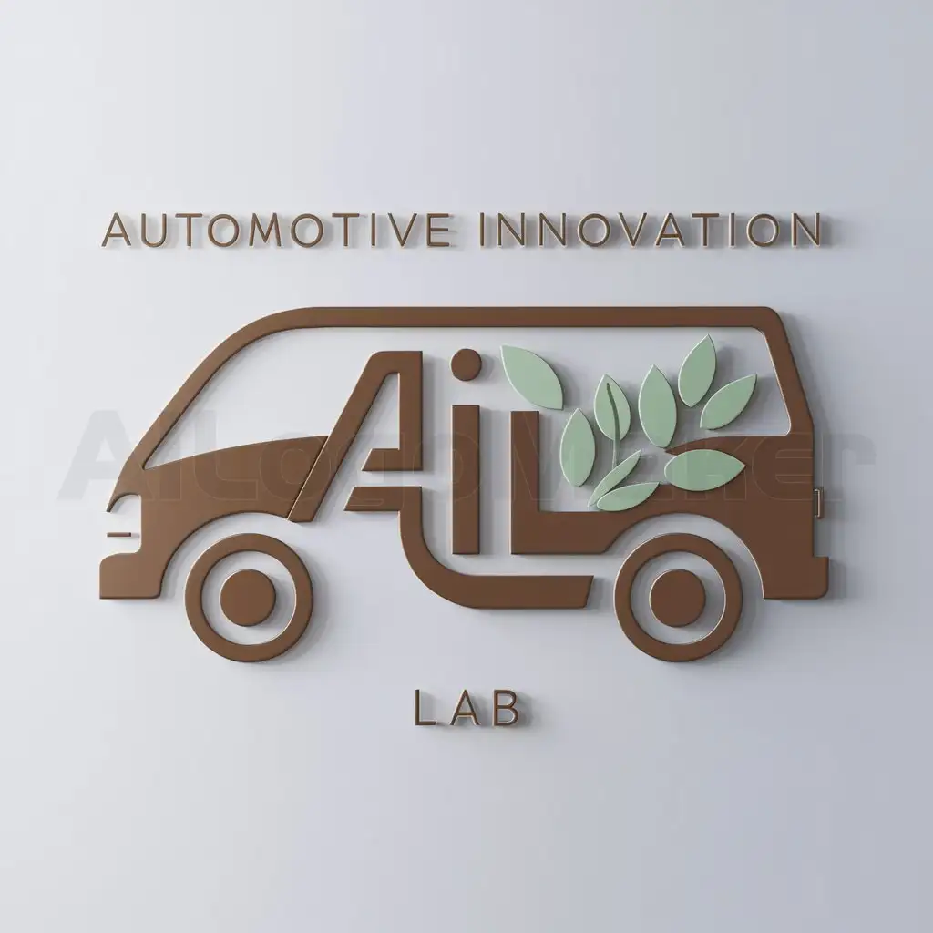 a logo design,with the text "Automotive Innovation Lab", main symbol:Van canbined sketching with captital A I L. The van is electric vehicle style. The sketching line of the van look like a branch of tree with pastel brown color decorating wiht pastel green leaf representing green environment.,Minimalistic,clear background