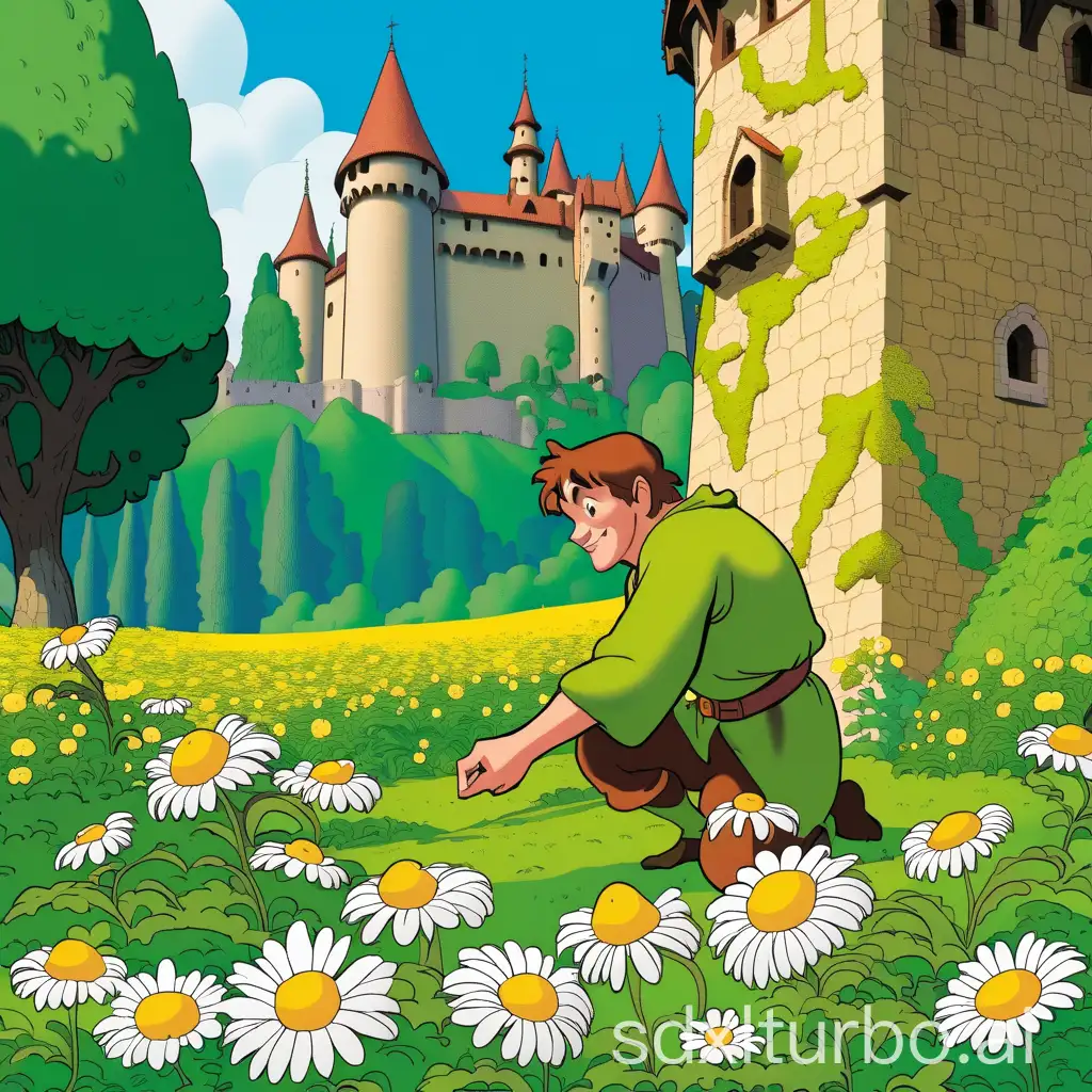 Quasimodo pflückt eine Gänseblume vor den Mauern einer Burg und ist von Bäumen umgeben