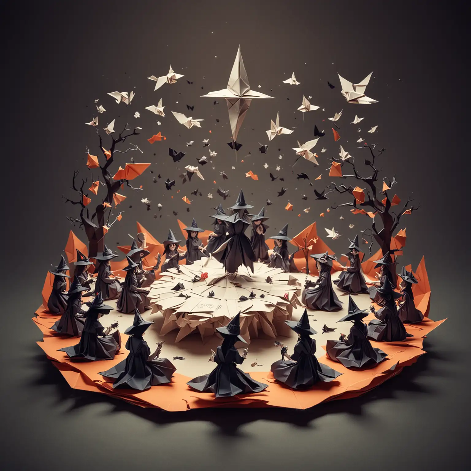 Witch seance in origami style. Witches around a couldron also in origami style