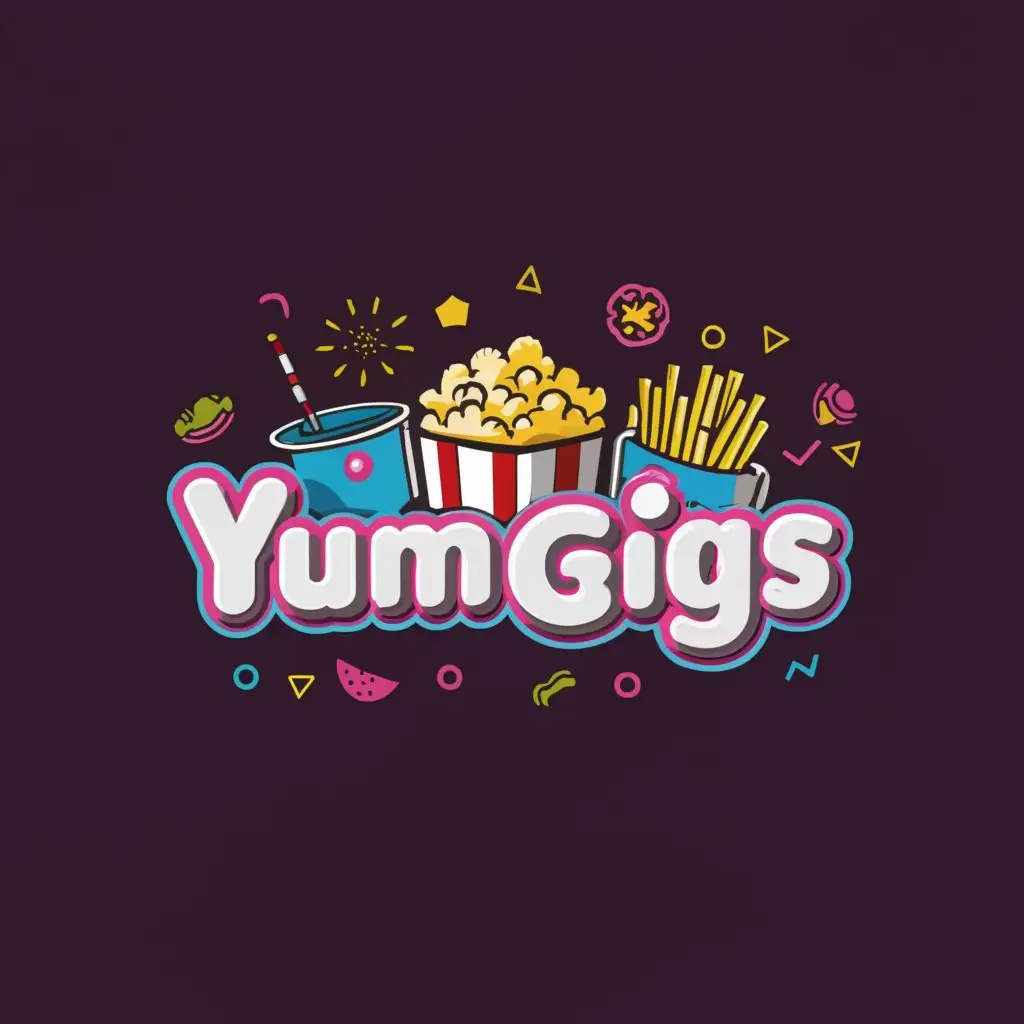 a logo design,with the text "YumGigs", main symbol:popcorn, burger, fries, colddrinks, other snacks etc,complex,be used in Entertainment industry,clear background