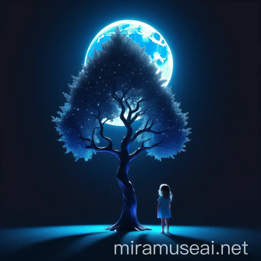 3D 8k minimal realstic illustrator minimal tree glittering and shinning little girl watching it art the midnight with blue moon