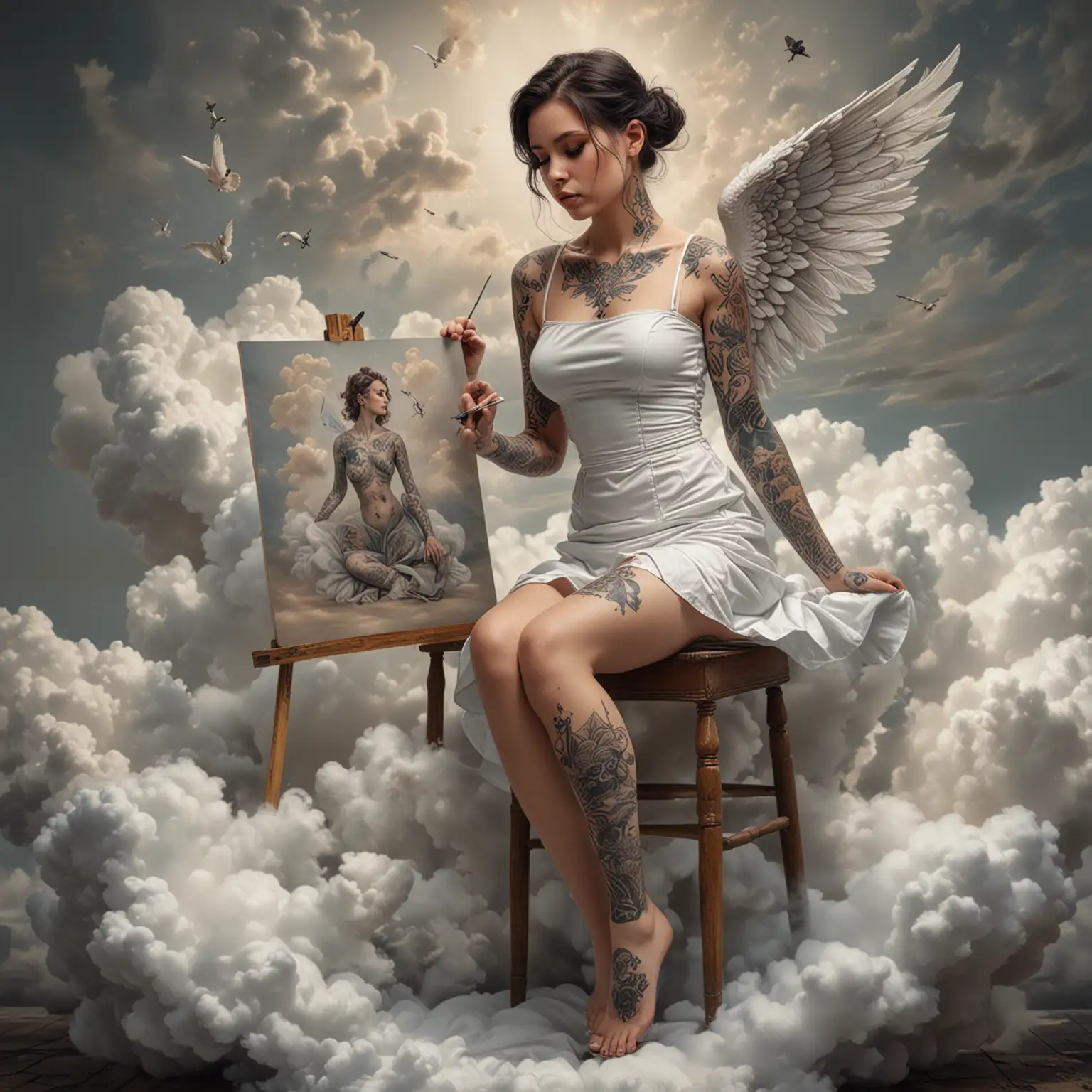 hyper realistic photography
a beautiful tattooed  angel, She is wearing a white mini dress, seated on a cloud and she is drawing a  painting on a canvas 