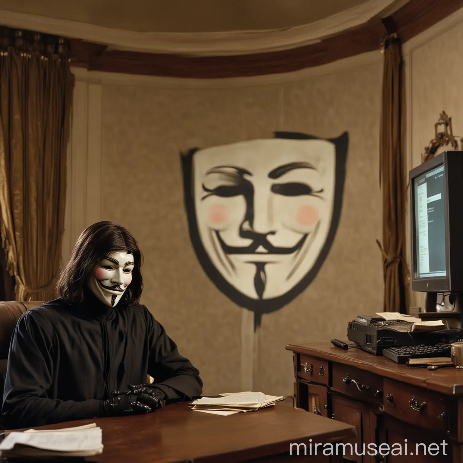 v for vendetta is sitting in a luxurious room with a computer in front of him displaying the Telegram logo Telegram