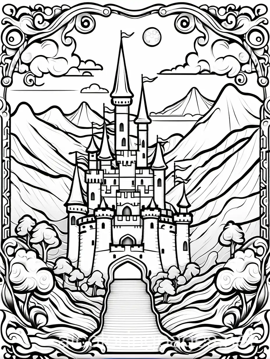 Landscape, castle, dragon, Coloring Page, black and white, line art, white background, Simplicity, Ample White Space. The background of the coloring page is plain white to make it easy for young children to color within the lines. The outlines of all the subjects are easy to distinguish, making it simple for kids to color without too much difficulty
