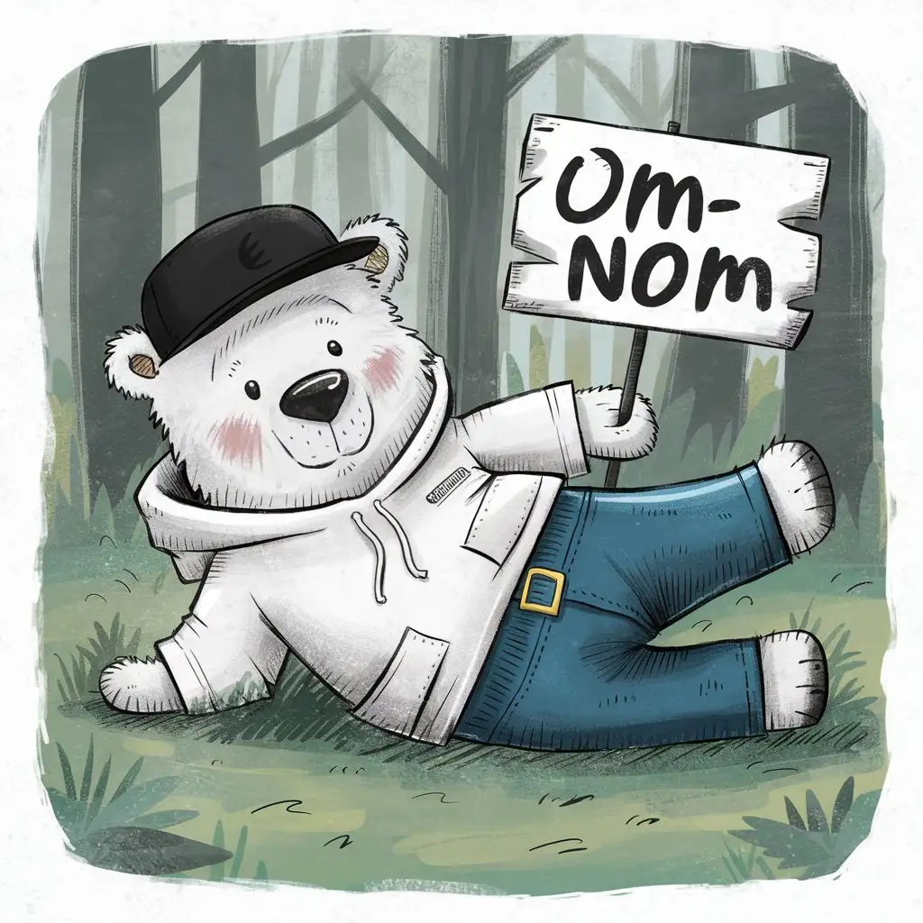 надпись om-nom на табличке в лесу с белым медведем лежащим на боку в черной кепке и белой худи и синих джинсах 