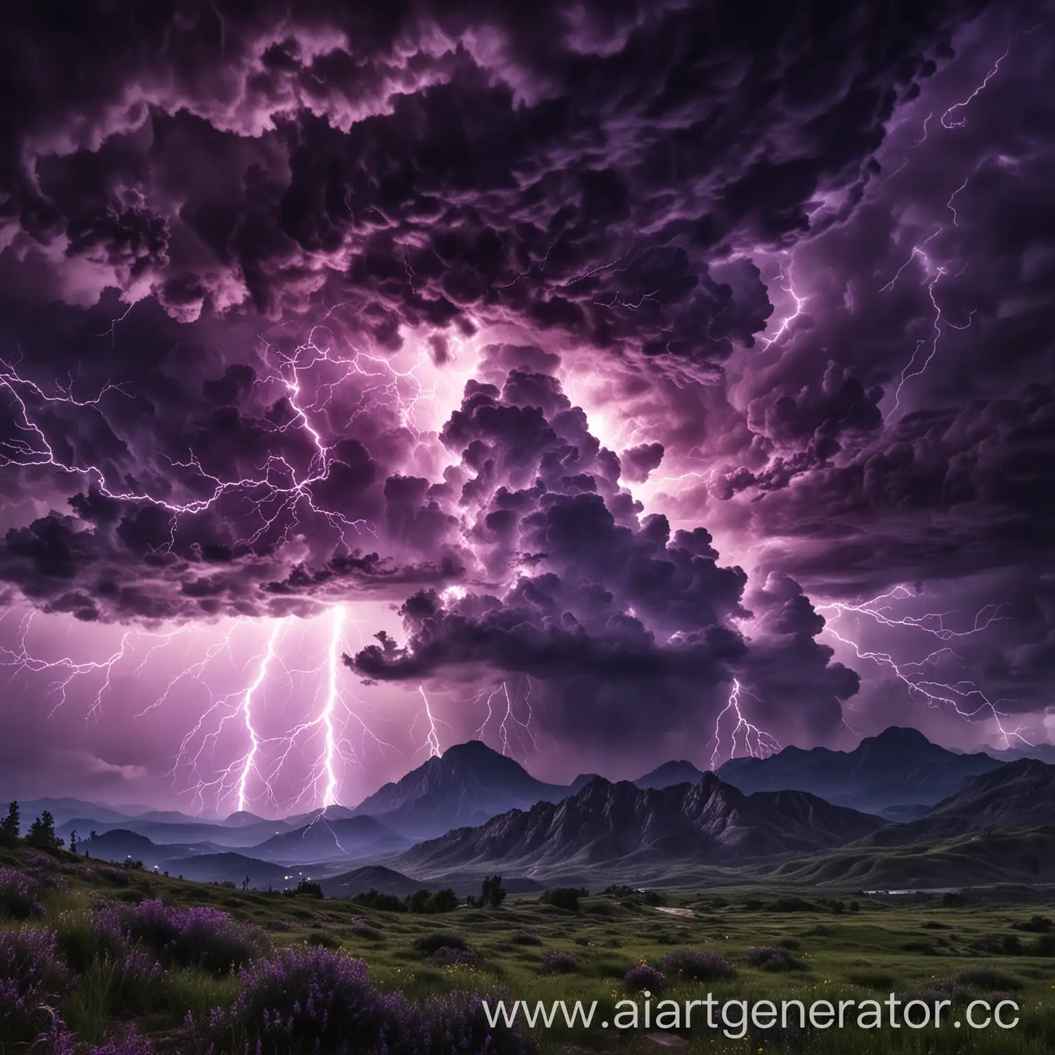 Epic-Purple-Storm-Clouds-with-Green-Black-and-Yellow-Lightning-Over-Majestic-Mountains