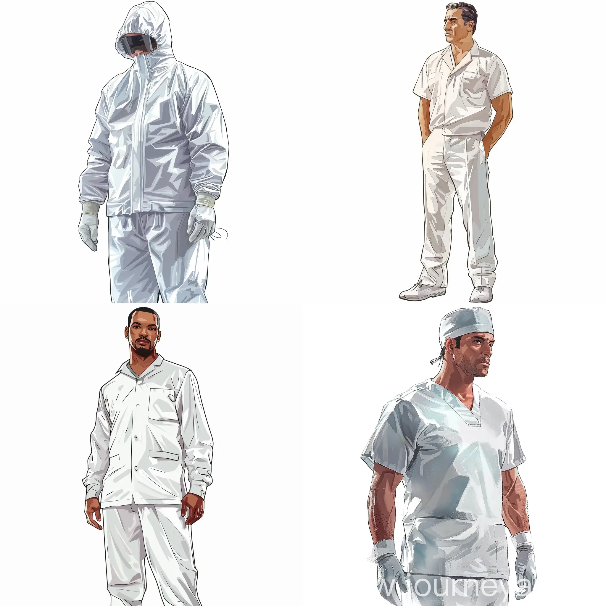 Draw a full-length surgeon in a white uniform. A drawing in the style of the GTA 5 computer game. The background is white.