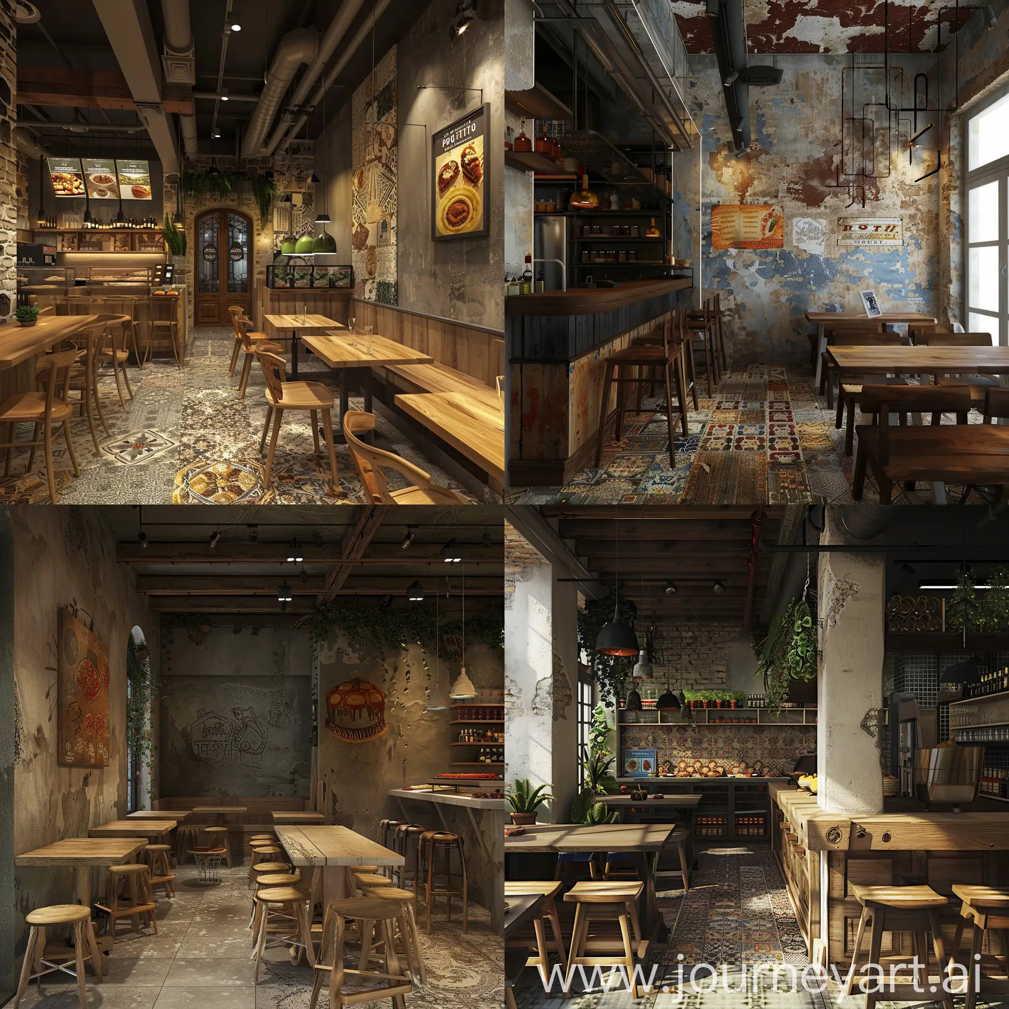 generate the main page of the project site of the authentic cafe "Pro Testo" in the ancient style, in which dishes are prepared from dough,pizza,khachapuri,pies,Hong Kong waffles, in the center there will be an open kitchen with new modern equipment,an open fire,on one side of the wall there will be a wall painted in the style of antiquity , show drawings on the wall of the ancients people, their hunting, their everyday life,and on the other wall there will be greenery, a reference to the jungle to the exotic,wooden tables in modern design and with modern interior design techniques should be placed around the perimeter,4K,photorealistic,cinematic 4k epic detailed,bright colors,Super wide,Ultrarealism,Clear focus