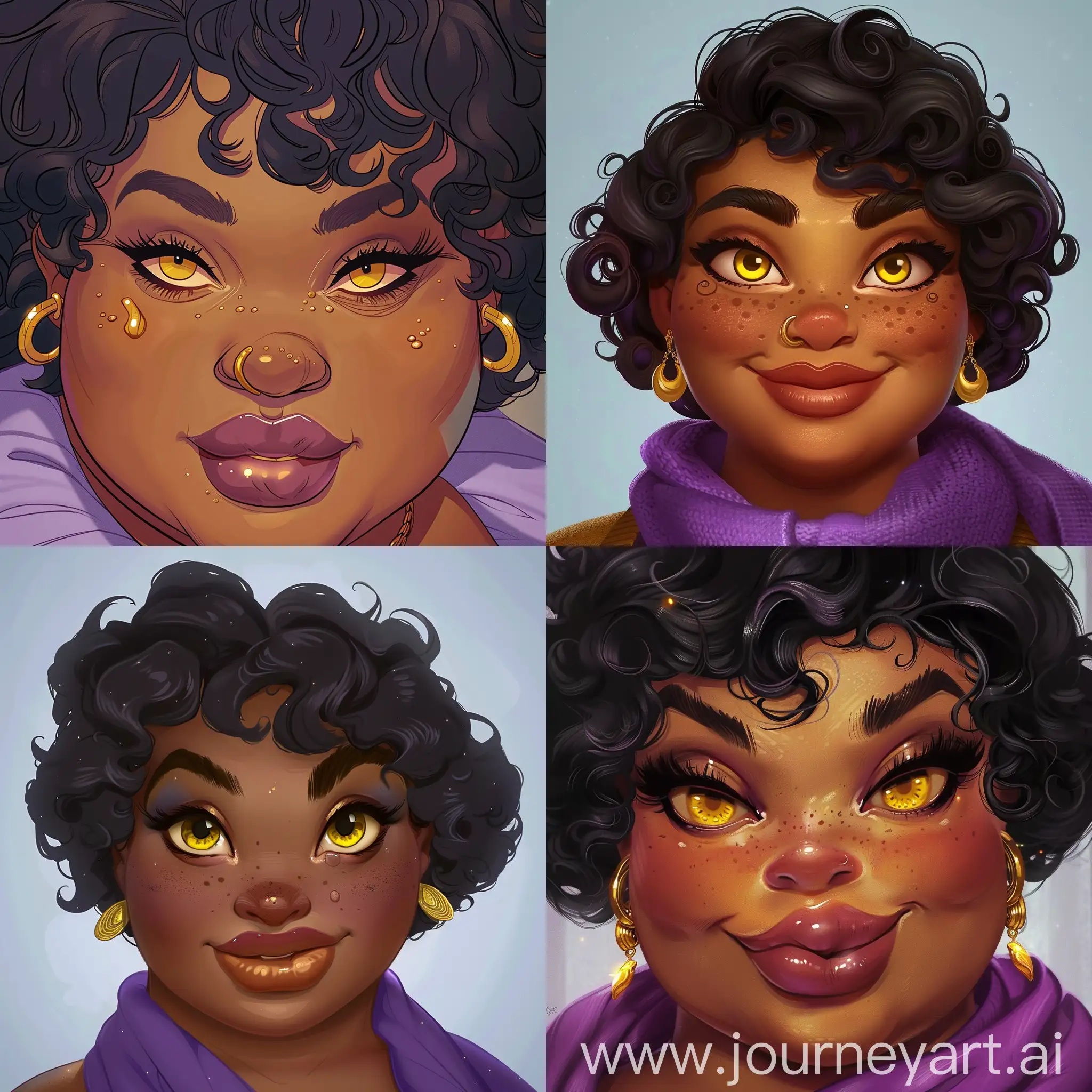   a fat, black woman, short curly hair, yellow eyes, she has gold earrings and a mole on the right side of her cheek, her nose is rounded and her lips are big, she is a purple scarf in 90s Disney cartoon 