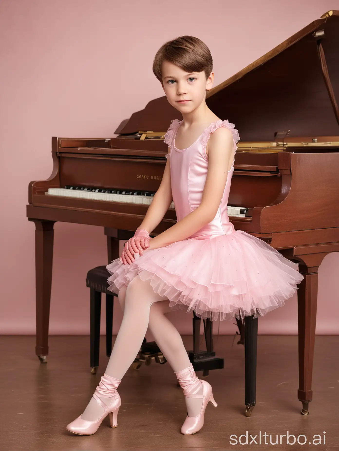 Digital photography of a nervously cute 11-year-old boy, forced to sit in a pink ballet dress with high heel boots and leather gloves and play the piano, a white boy, with a cute face (gender role reversal)