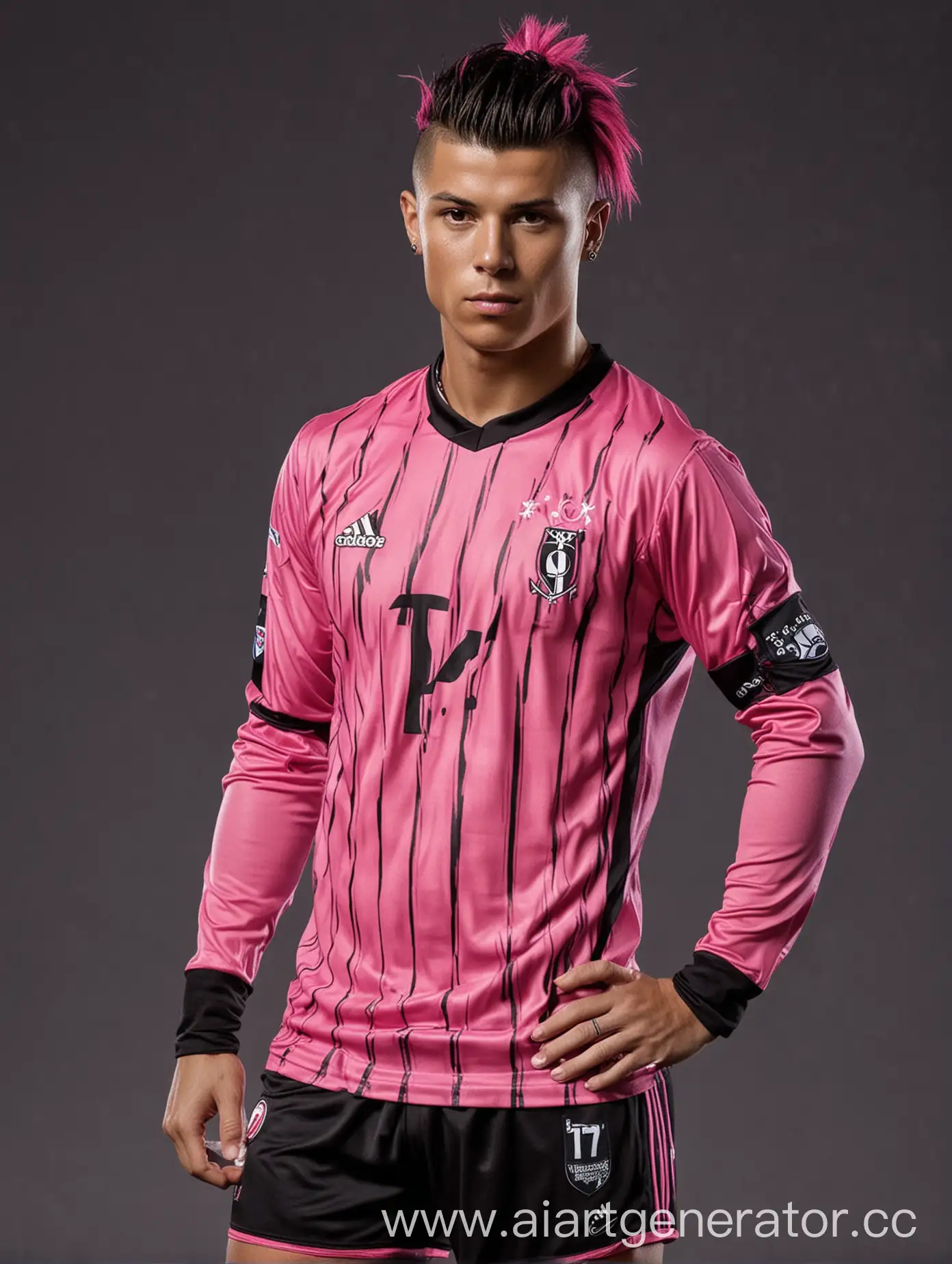 роналду в черно - розовой футбольной форме, в эмо образе, с пирсингом, с прической эмо
