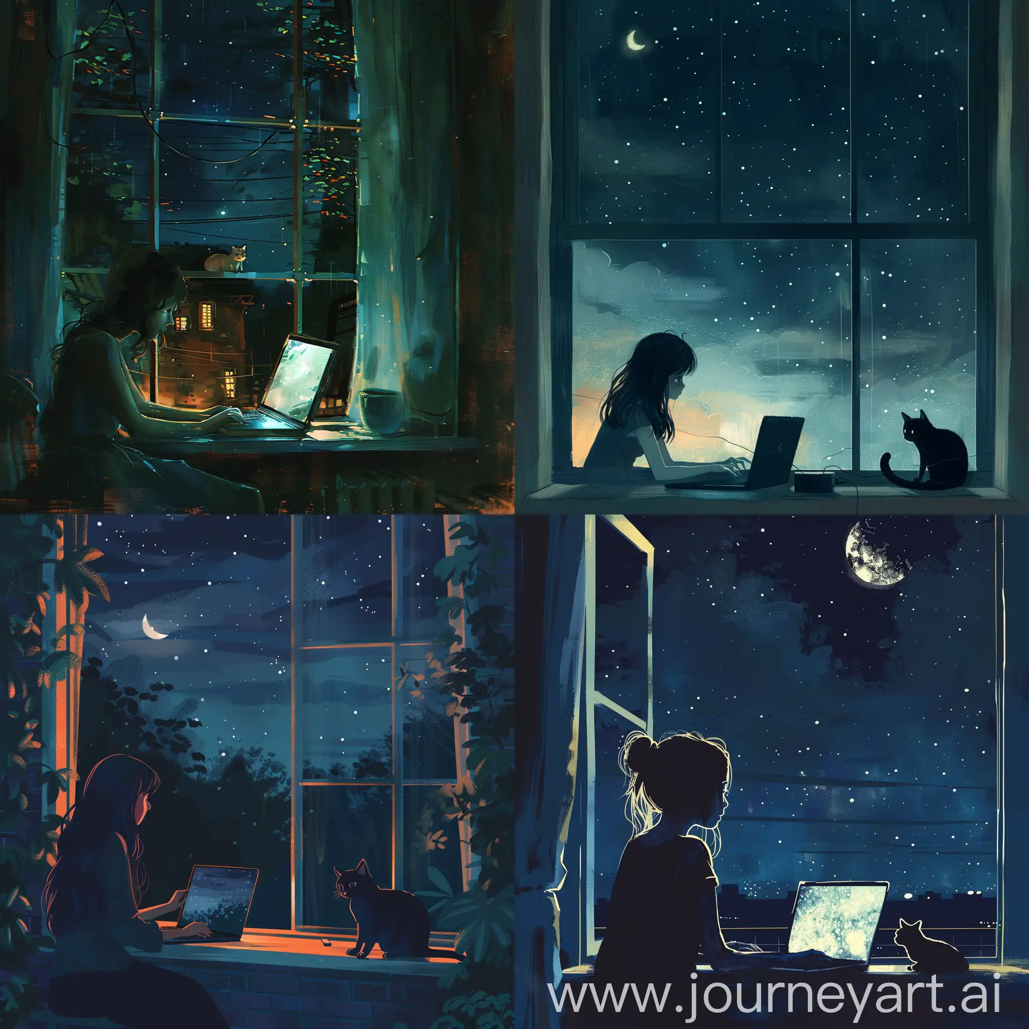 girl sitting at a laptop at night, night outside, cat on the window