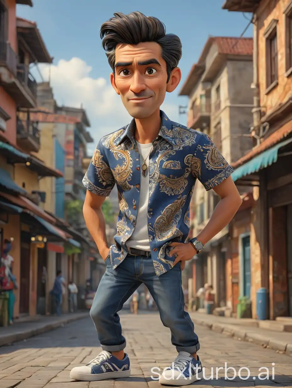 A stunning 3D caricature of Marcelino, a well-dressed man in a unique batik shirt, jeans, and sneakers. The level of detail is hyper-realistic, capturing every fold and texture of the batik fabric with precision. The background is a modern, urban cityscape with a blend of traditional and contemporary architecture. The overall image is rendered in 8KHD, showcasing the ultra-detailed illustration and the hyper-realistic 3D render., illustration, 3d render