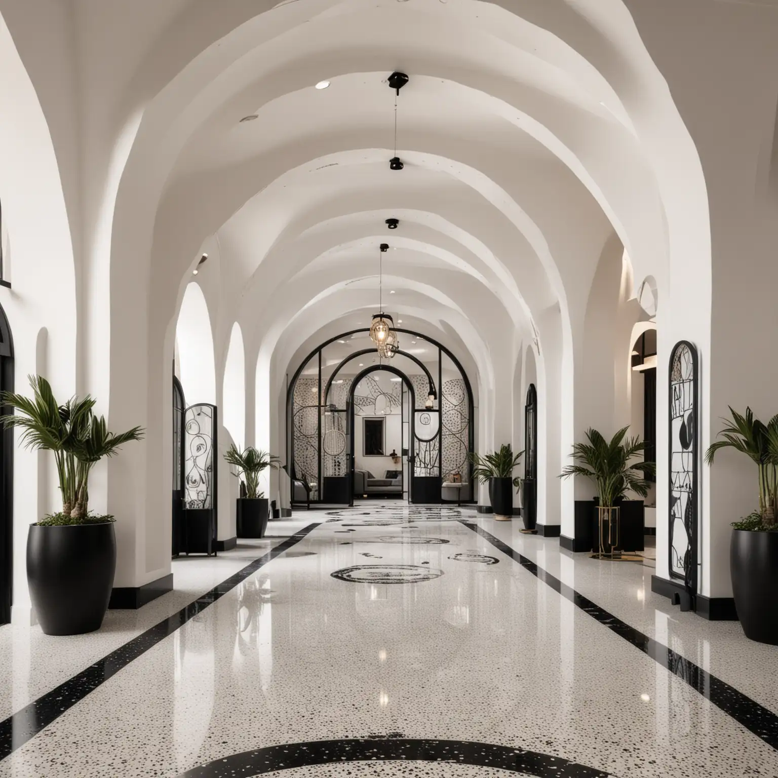 modern chic coastl luxury themed hotel lobby with arches and terrazzo flooring and black and white screens inspired by Hard Rock Hotel