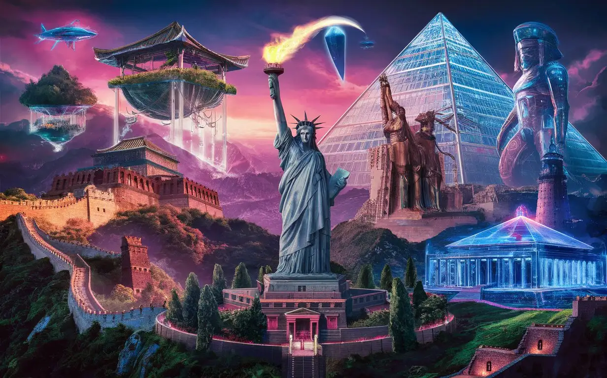 7 wonders of the world in futuristic form 

