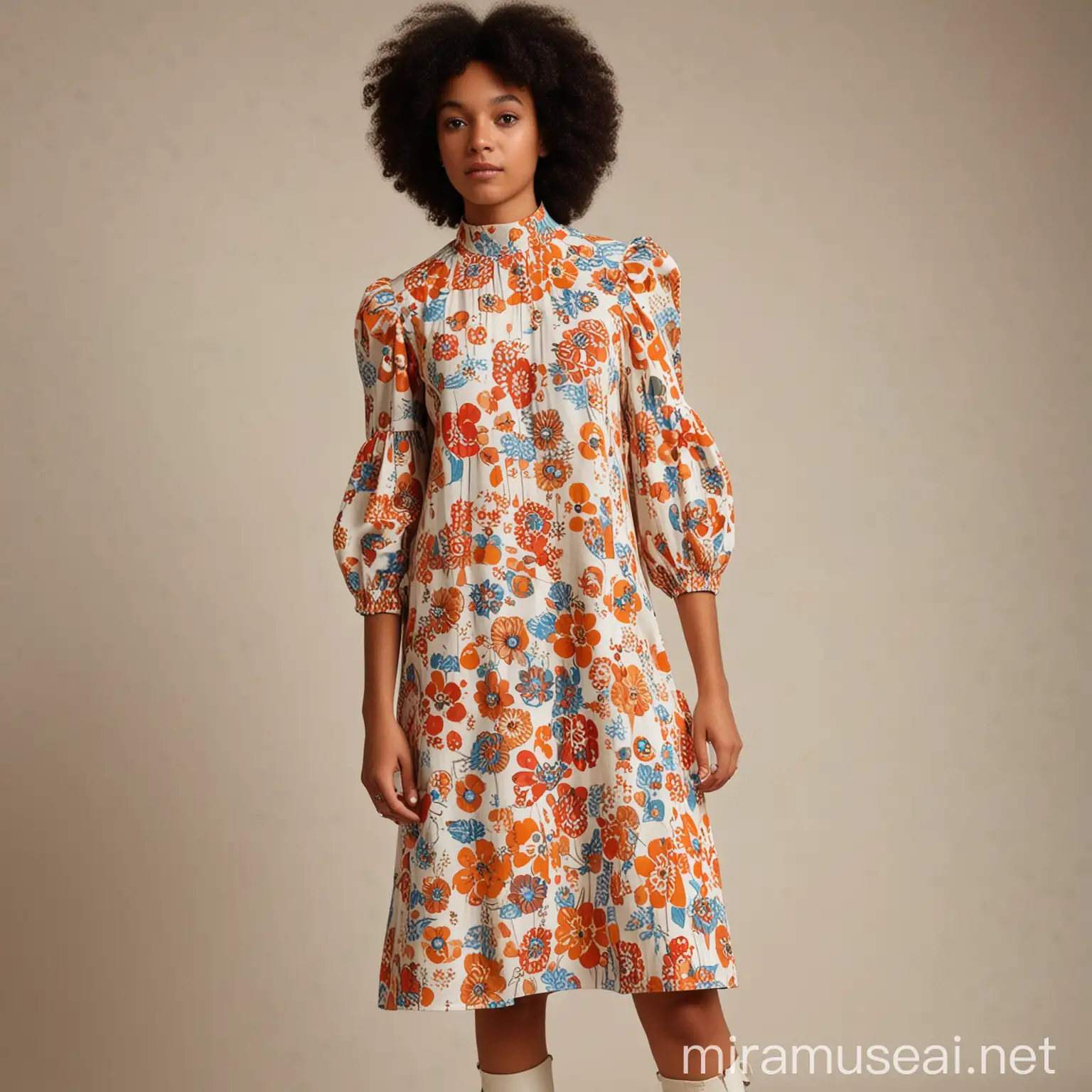 An a line 70s summer dress made out of cotton.  Mid length to the knee. With extra puffy sleeves to the elbow. round neck. On a mixed race model