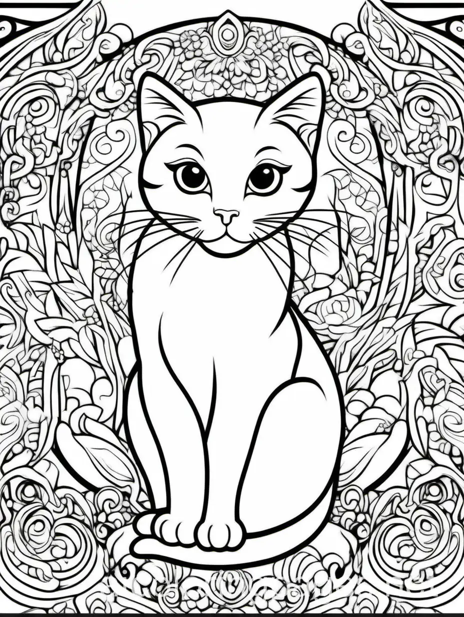 cat, happy, regal, majestic, dramatic, elaborate, white background, fine art, line art, masterpiece, black and white, Coloring Page, black and white, line art, white background, Simplicity, Ample White Space. The background of the coloring page is plain white to make it easy for young children to color within the lines. The outlines of all the subjects are easy to distinguish, making it simple for kids to color without too much difficulty