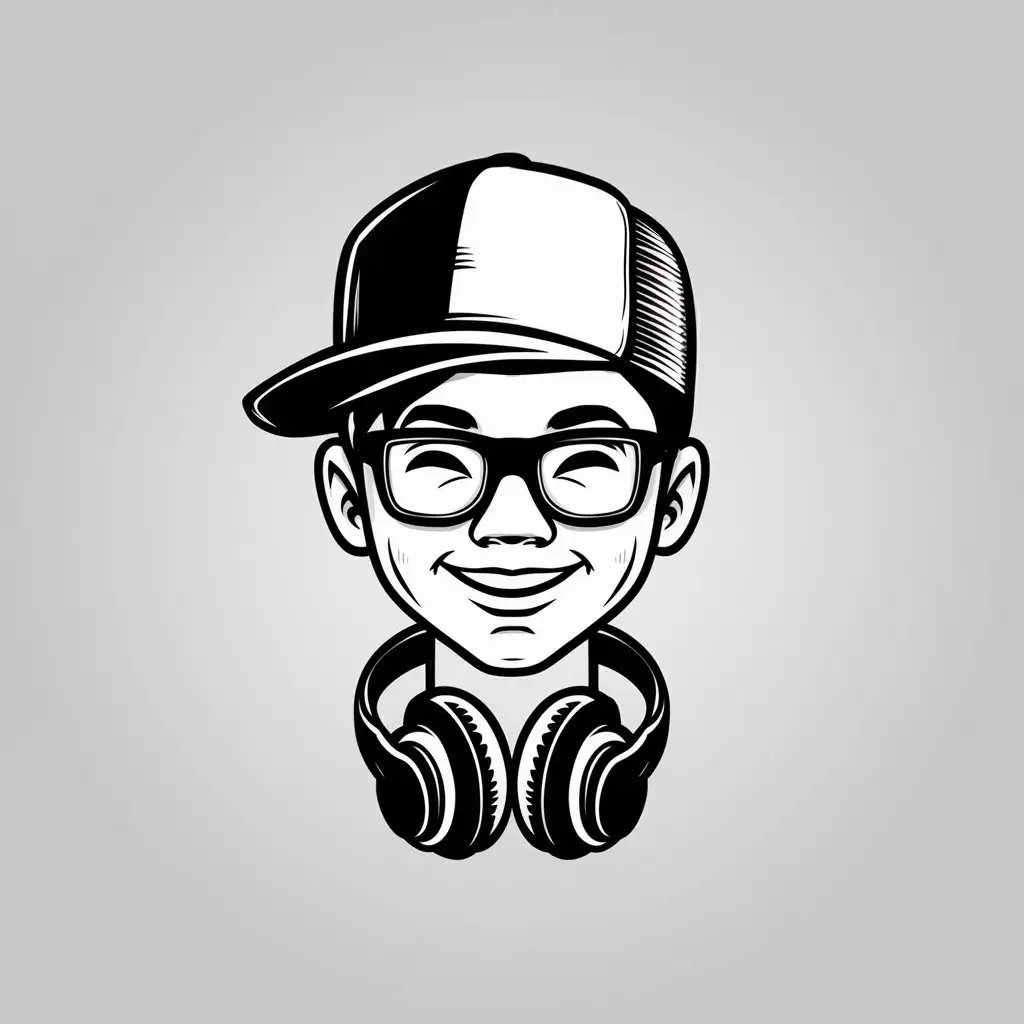 a logo design,with the text "HIP-HOP-savvy", main symbol:a minimalist clipart-style logo for a t-shirt. The design is a logo mascot featuring a HIP-HOP-savvy youngster donning a stylish trucker hat and sleek glasses, with a headphones hanging around his neck. The expression is a blend of happiness and coolness. Opt for a black and white clipart aesthetic, focusing solely on the head for simplicity. Please feel free to explore innovative elements to create a uniqueness to the character. I need something unique, not the normal clipart you find anywhere.,Minimalistic,clear background