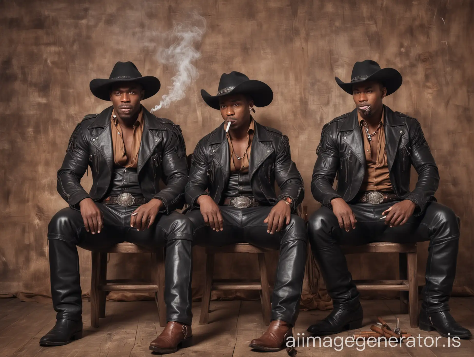 two muscular black men dressed as cowboys in leather clothing, smoking cigars, sitting