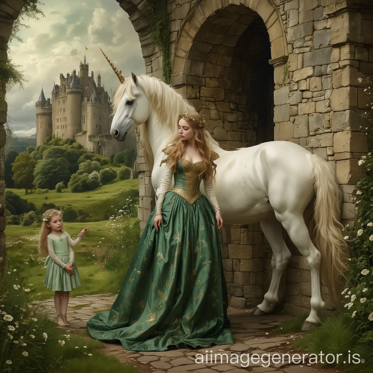 Enchanting-Encounter-Magical-Unicorn-and-Girl-in-Green-Dress-at-Scottish-Castle