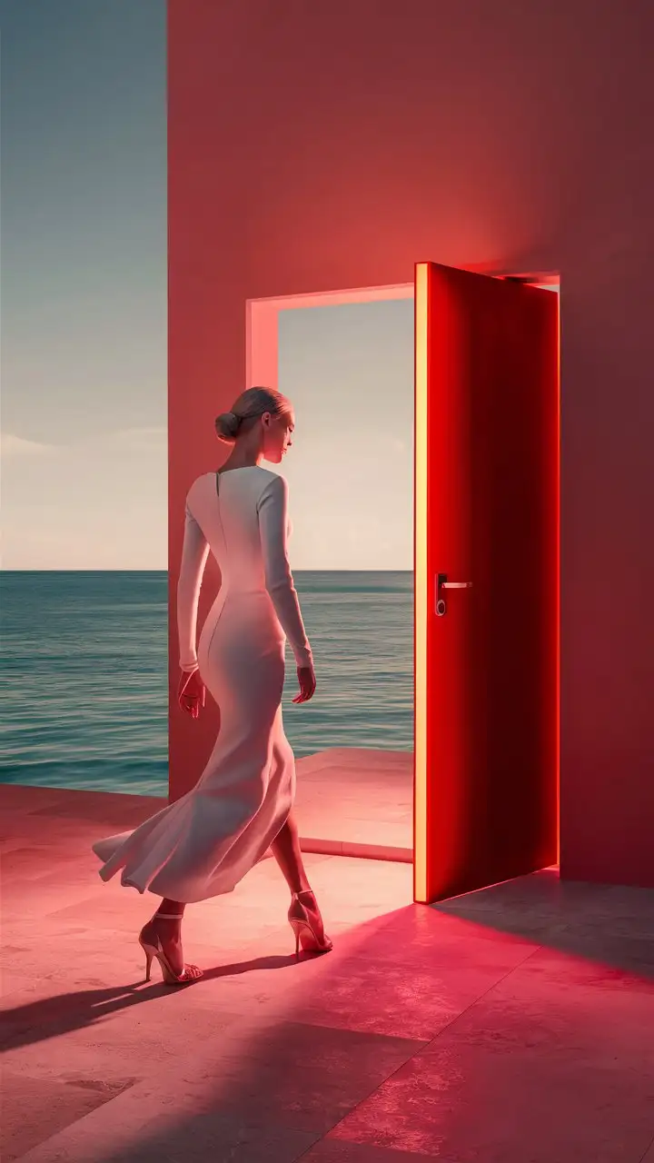 Create a surreal and vibrant scene featuring a woman in a minimalist, contemporary setting. The woman is dressed in an elegant, form-fitting white dress that flows down to her ankles, and she is wearing high heels. Her hair is neatly tied back in a low bun, giving her a sophisticated appearance.

She is standing on a terrace by the ocean, with calm turquoise waters stretching out to the horizon under a clear sky. The terrace floor is composed of smooth, light-colored tiles, which reflect the warm light.

The focal point of the scene is an open doorway set into a tall, plain wall that is painted in a rich terracotta color. The door itself is a striking red, glowing with an intense, warm light that contrasts sharply with the cool tones of the sea and sky. The light from the doorway casts a vivid red glow onto the woman and the surrounding area, creating a dramatic and surreal effect.

The composition uses strong geometric lines and contrasts, with the vertical lines of the door and wall juxtaposed against the horizontal expanse of the ocean. The overall atmosphere is one of tranquility and mystery, as the woman appears to be contemplating stepping through the glowing door into the unknown.

This image combines elements of surrealism and minimalism, emphasizing bold colors, sharp contrasts, and a sense of serene anticipation.