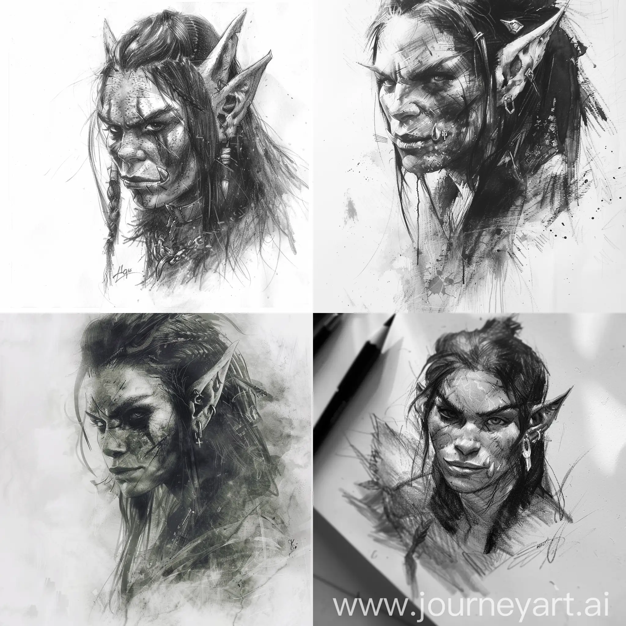 Fantasy-HalfOrc-Woman-Portrait-Sketch-on-White-Background