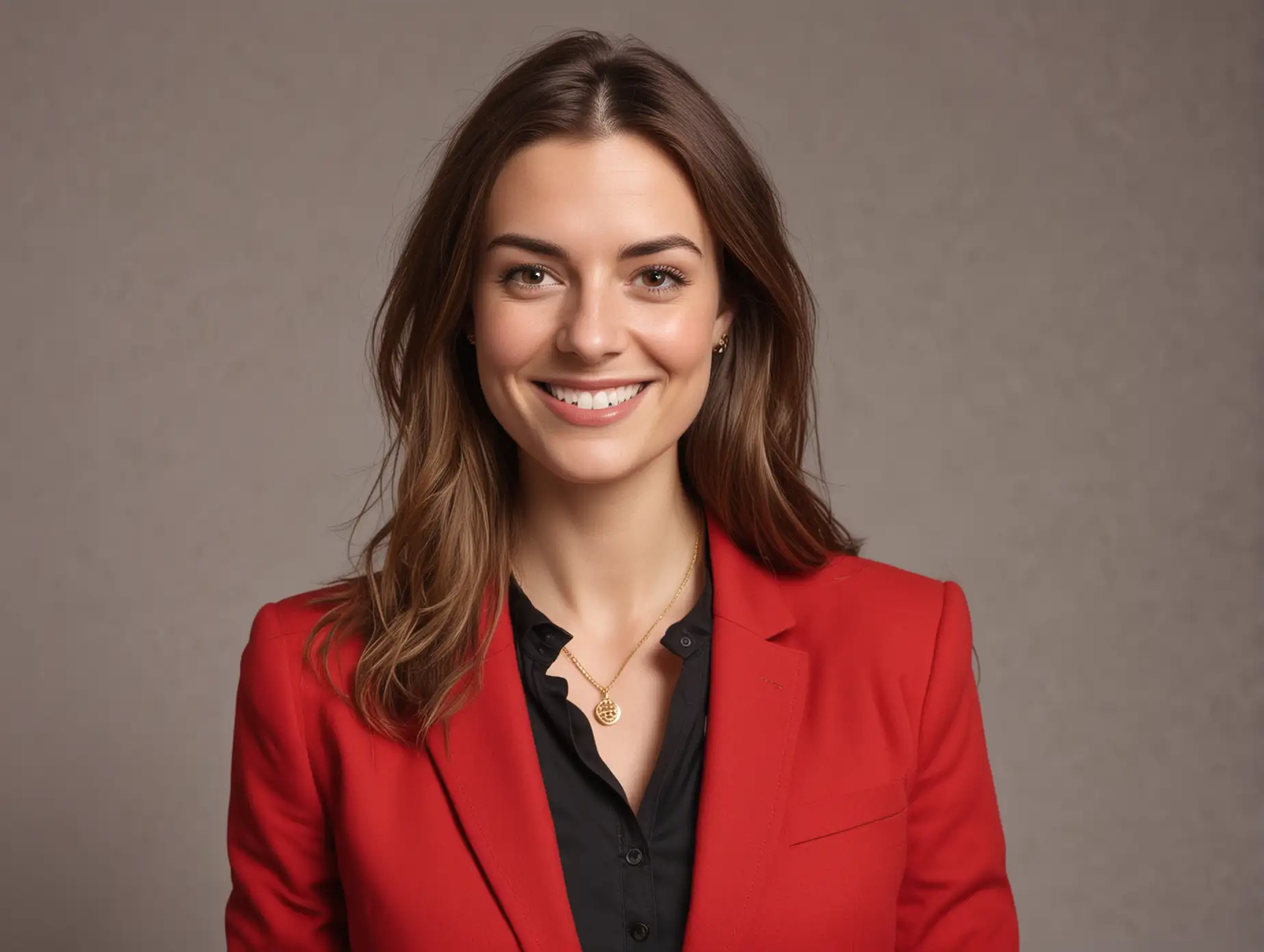 30 year old white woman with long  brown hair, wearing a buttoned up red blazer, simple gold necklace, plain black shirt and black dress pants. She is smiling at camera with eyebrows raised. She might be of British, Irish or Danish descent.
