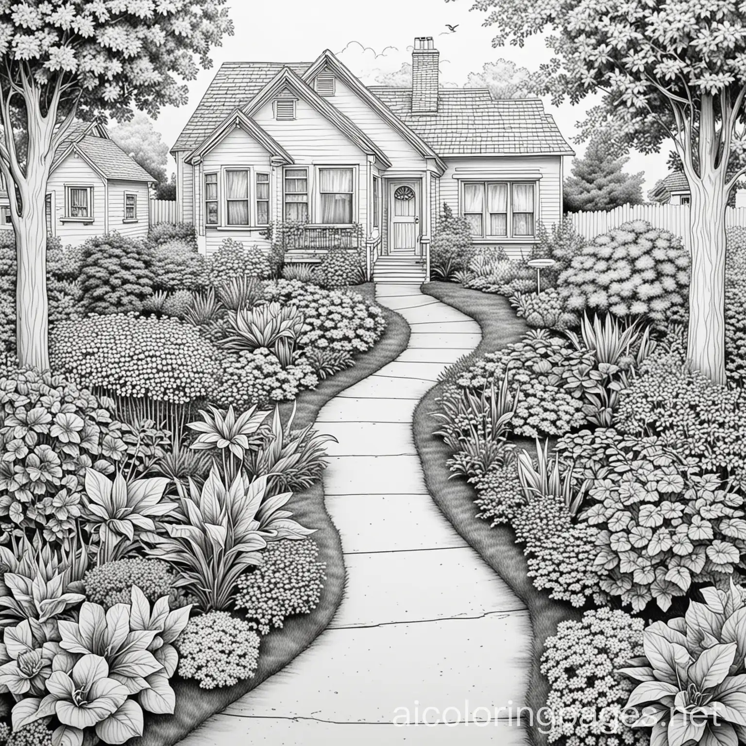 front yard gardens, Coloring Page, black and white, line art, white background, Simplicity, Ample White Space. The background of the coloring page is plain white to make it easy for young children to color within the lines. The outlines of all the subjects are easy to distinguish, making it simple for kids to color without too much difficulty